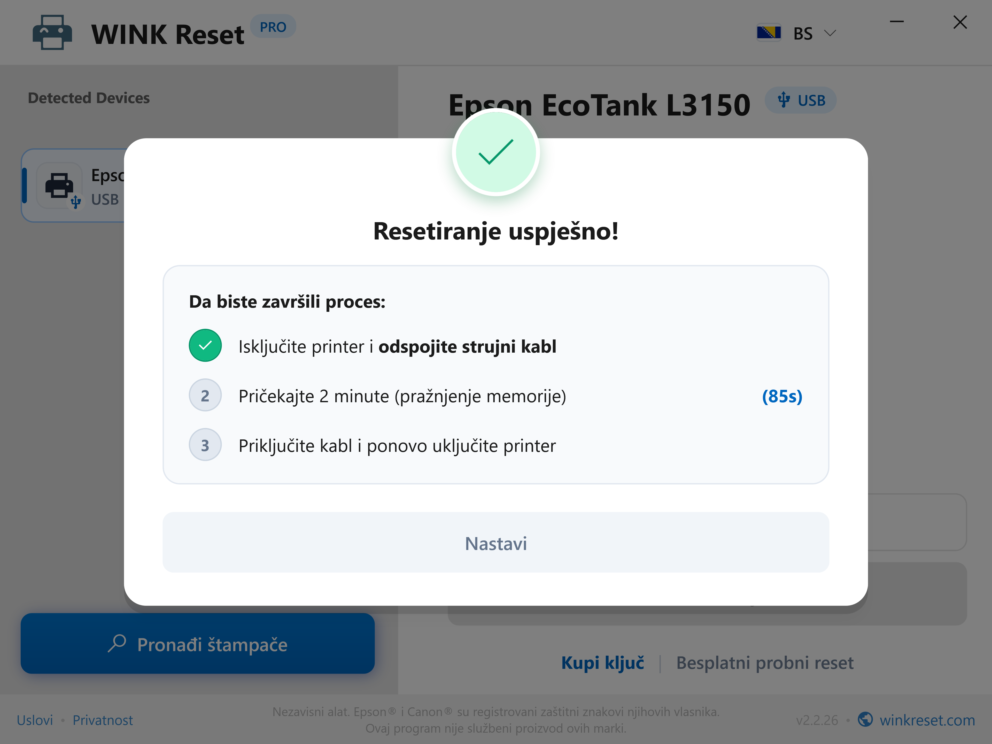 Uspješno resetovanje i asistent za pražnjenje napajanja matične ploče - WINK Reset PRO (BS)
