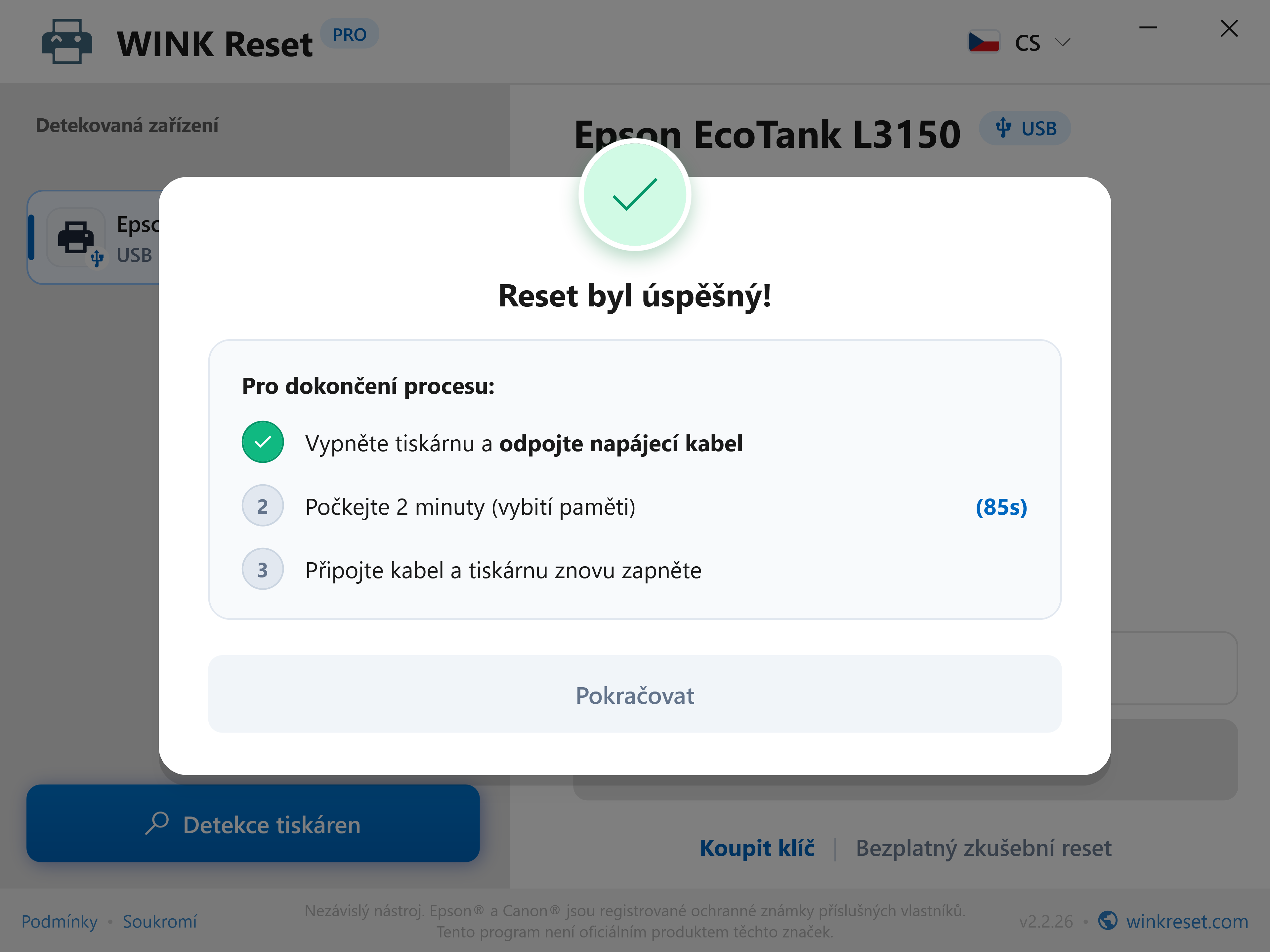 Úspěšný reset a 85sekundový časovač vybití paměti - WINK Reset PRO (CS)