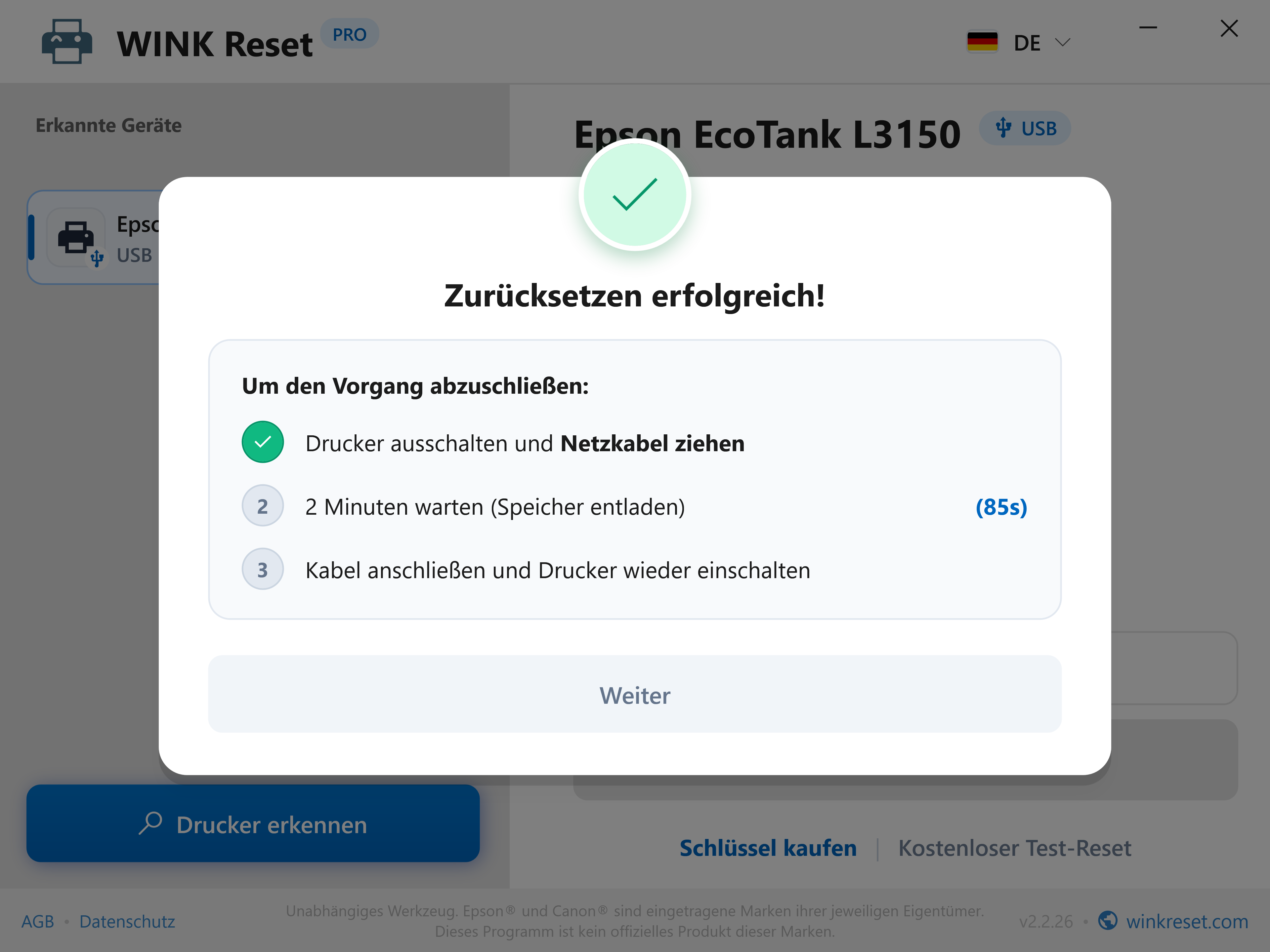 Erfolgreicher Reset & 85-Sekunden-Timer zur Speicherentladung - WINK Reset PRO (DE)