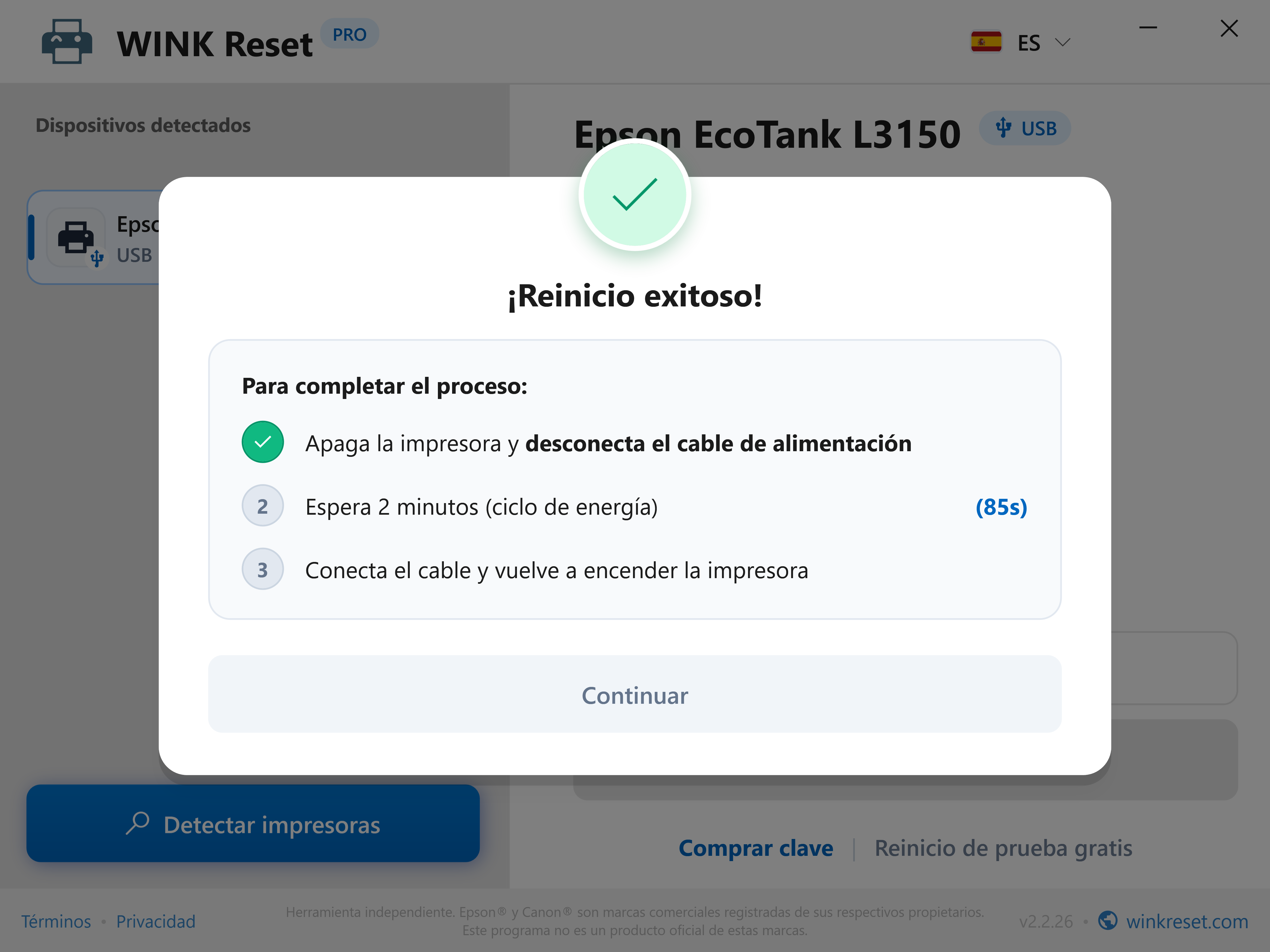 Reinicio exitoso y temporizador de 85 s para descarga de placa - WINK Reset PRO (ES)