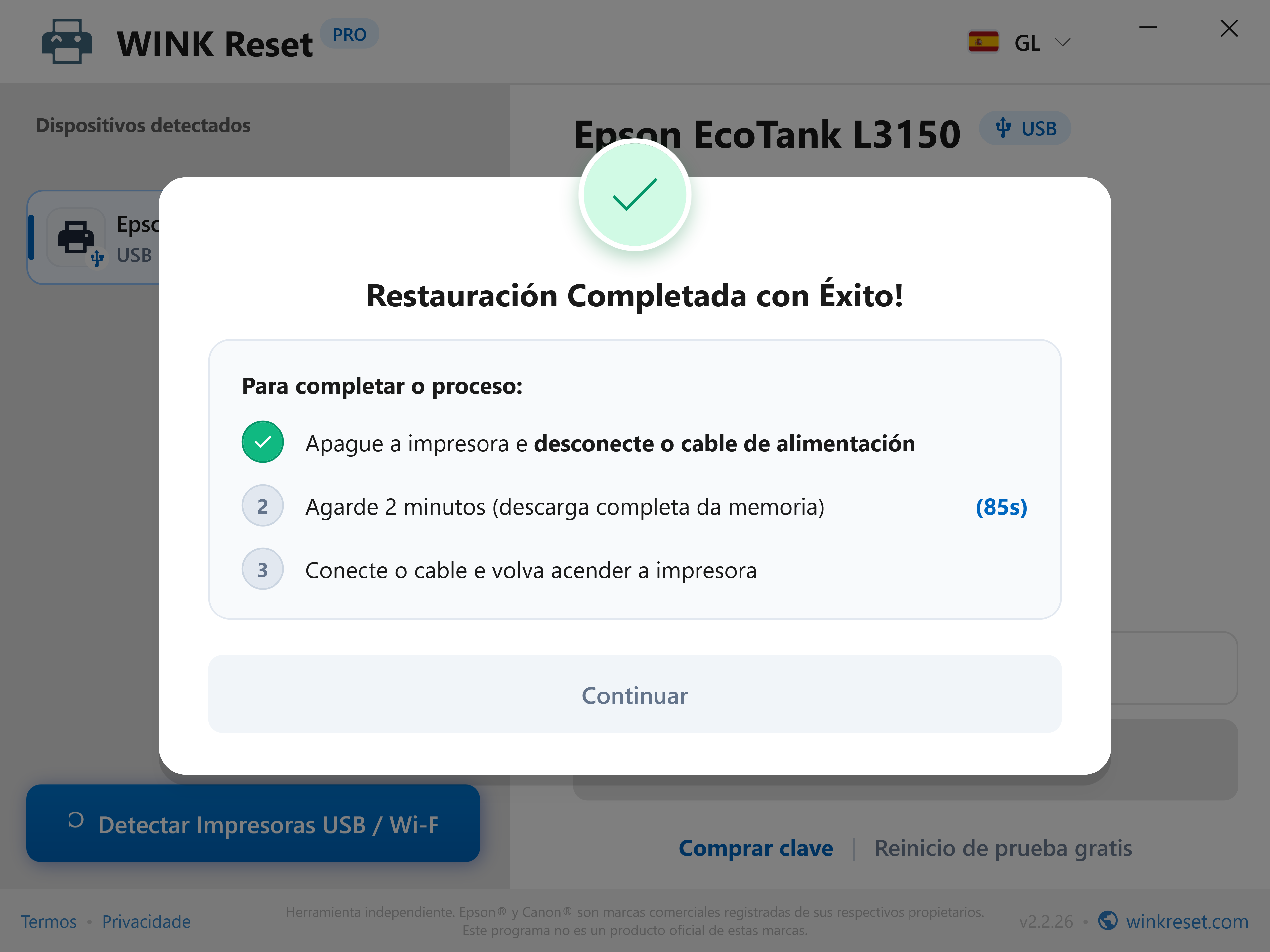 Restablecemento con éxito e asistente de descarga de enerxía da placa base - WINK Reset PRO (GL)