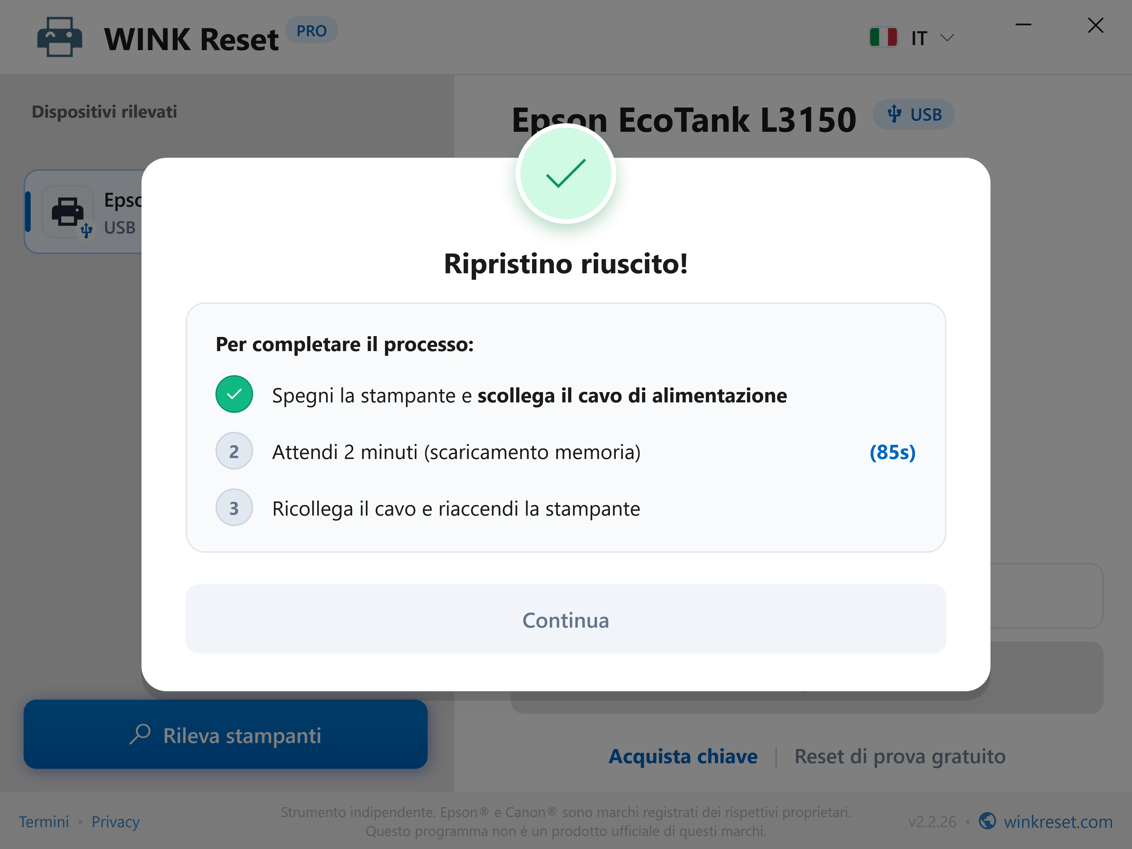 Reset completato con successo e timer di scarica di 85 s - WINK Reset PRO (IT)
