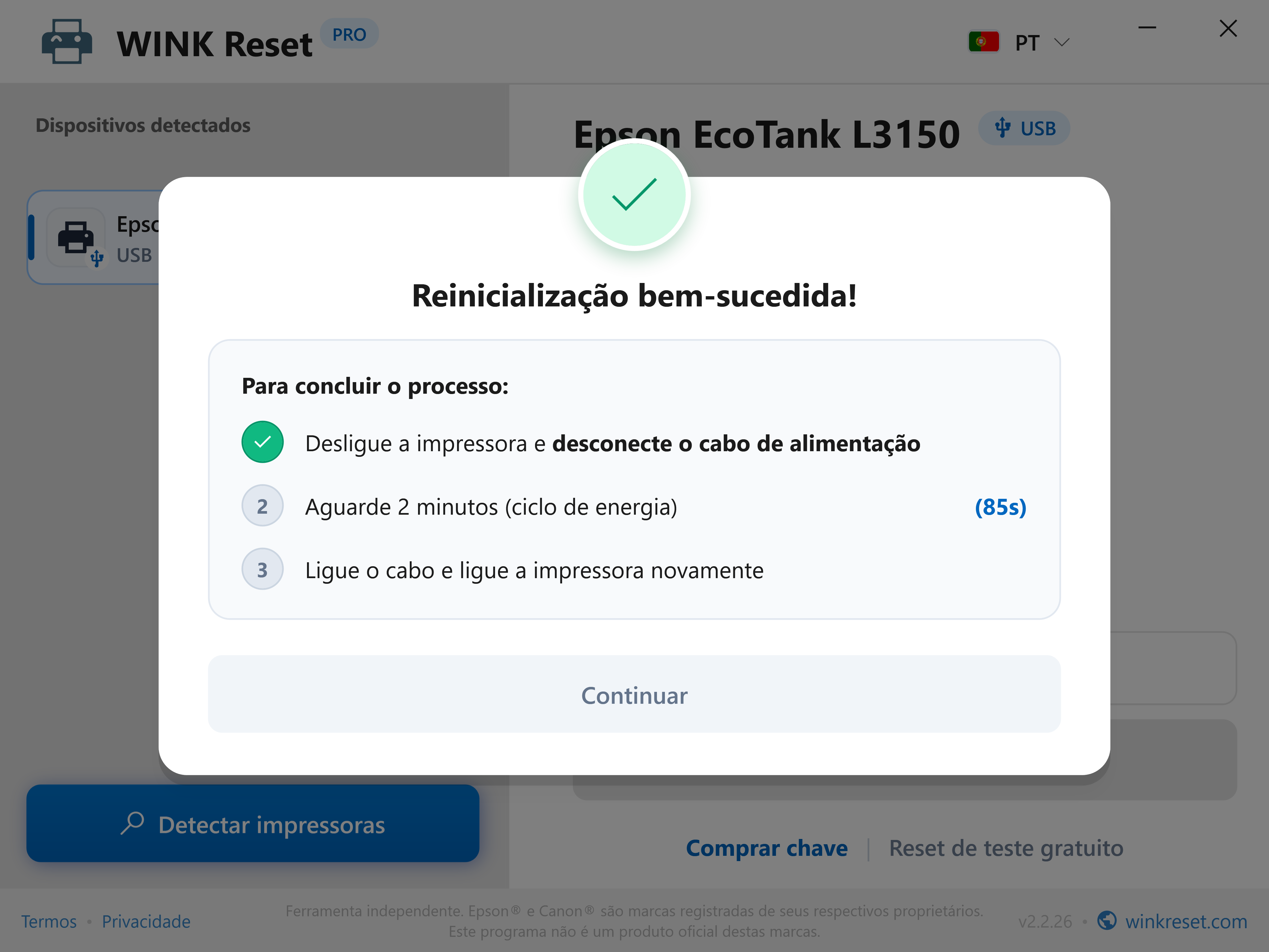 Reposição bem-sucedida e temporizador de descarga de 85 s - WINK Reset PRO (PT)