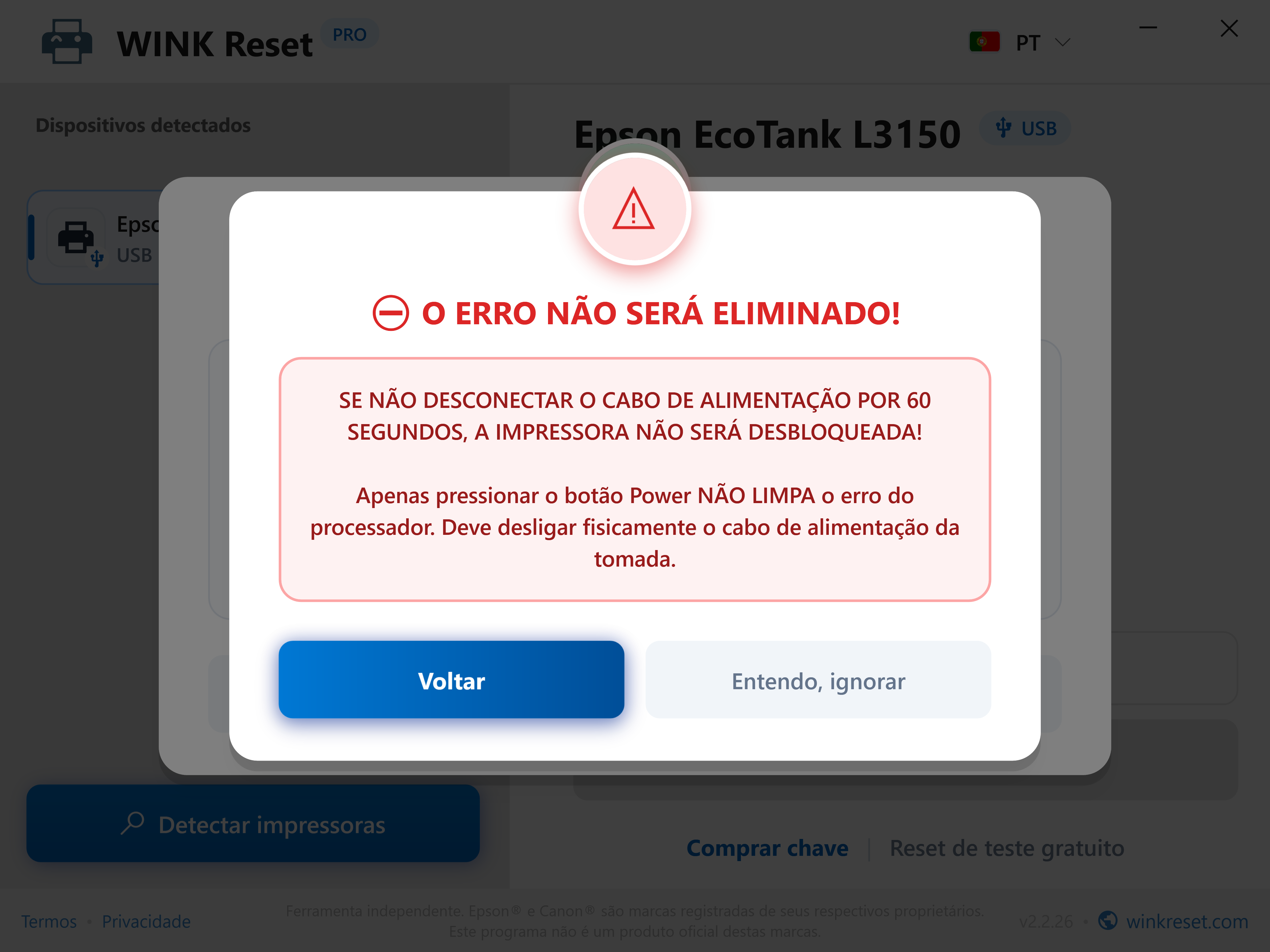 Proteção contra conclusão prematura do ciclo de energia - WINK Reset PRO (PT)