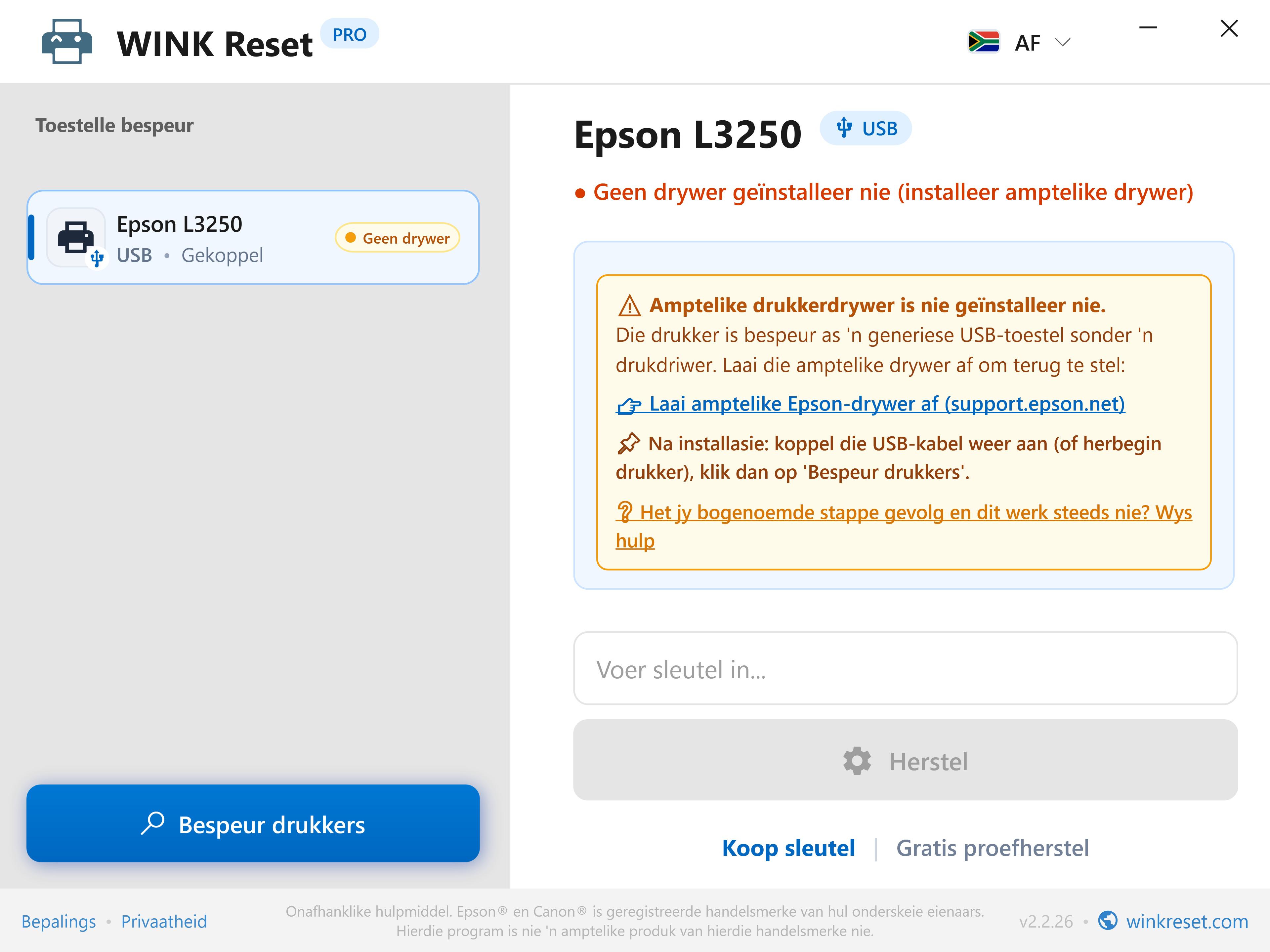 Intelligente opsporing van ontbrekende USB-drukkerdrywer - WINK Reset PRO (AF)
