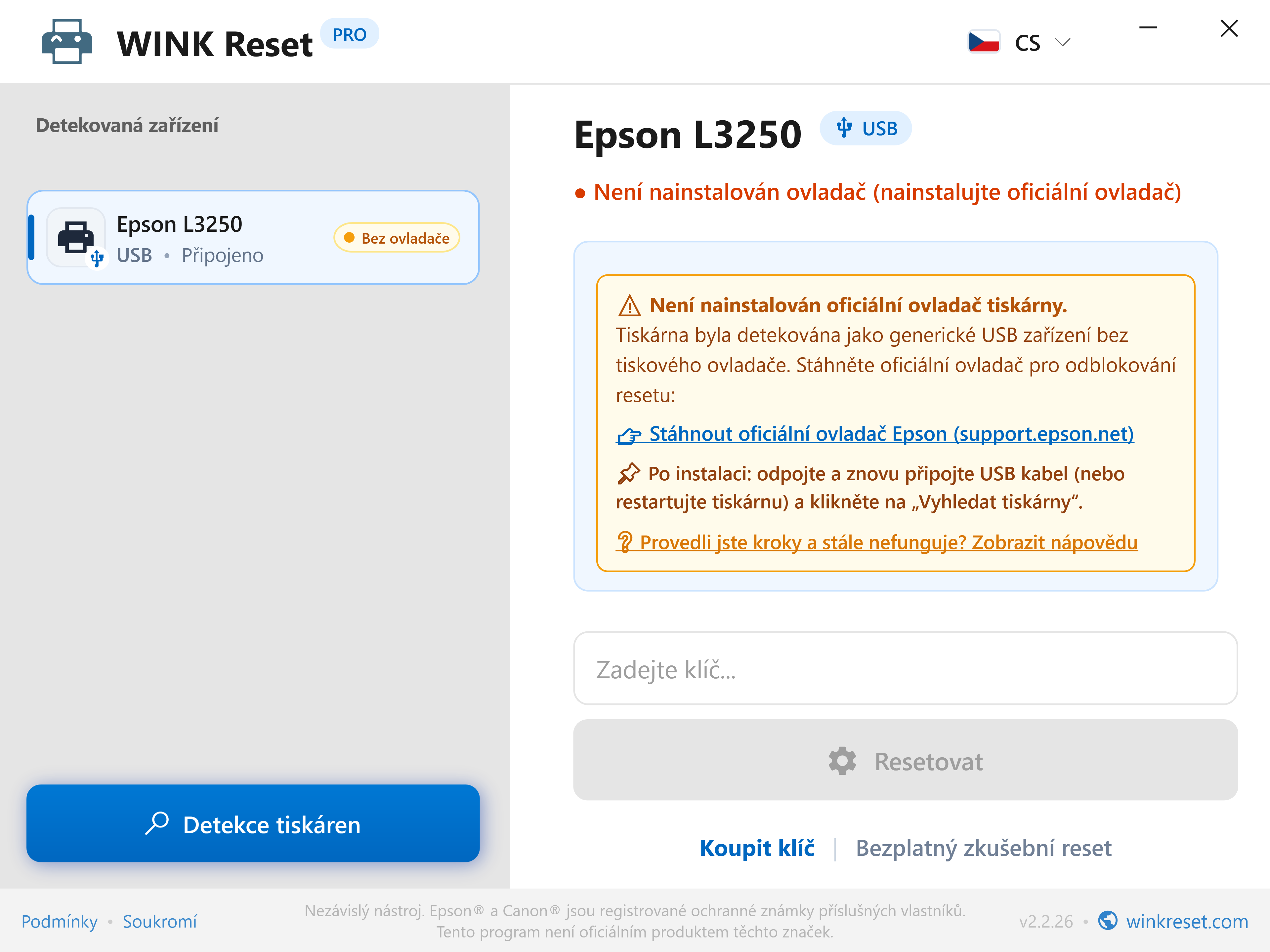 Inteligentní detekce chybějícího USB ovladače - WINK Reset PRO (CS)