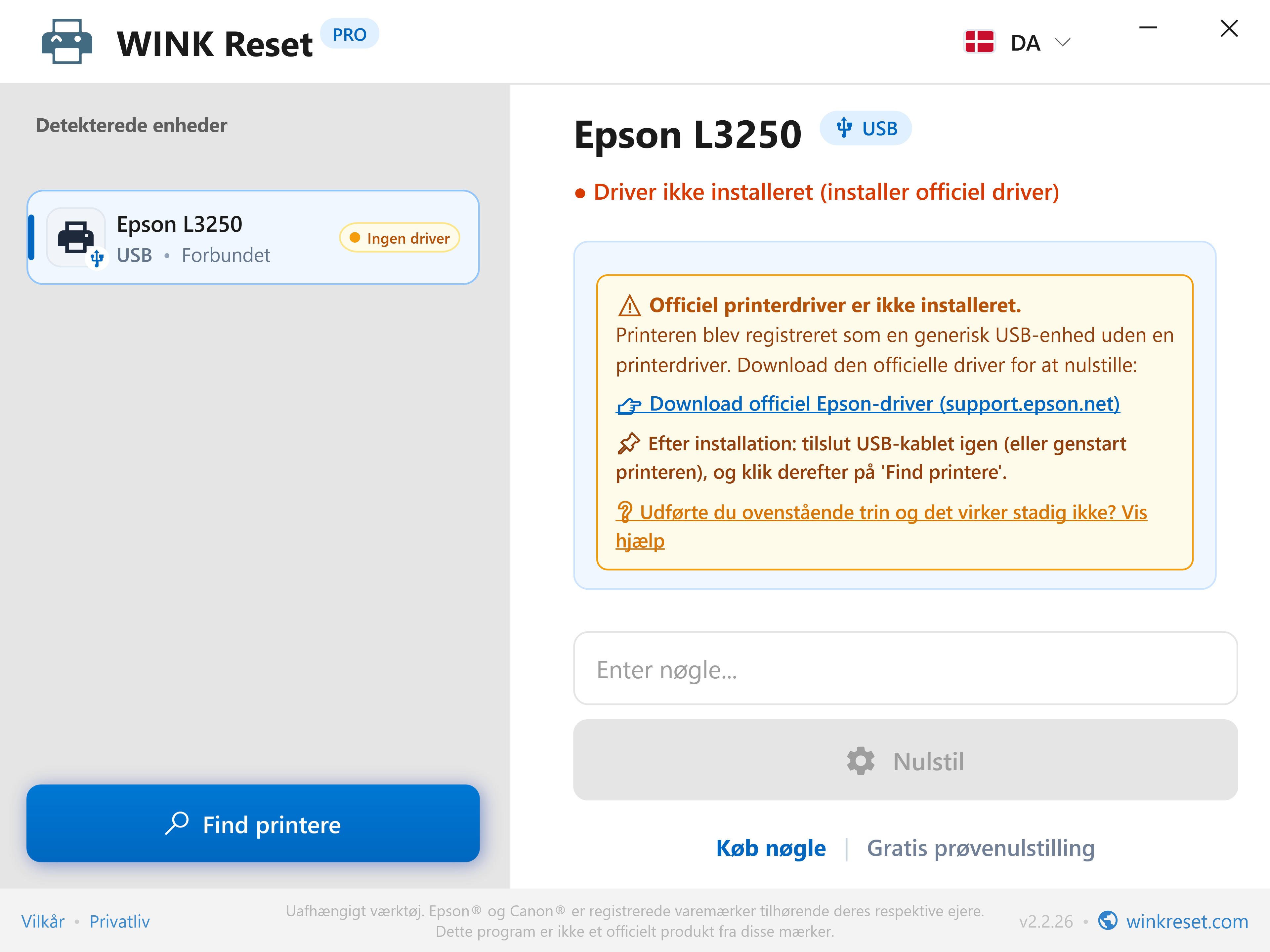 Intelligent registrering af manglende USB-printerdriver - WINK Reset PRO (DA)