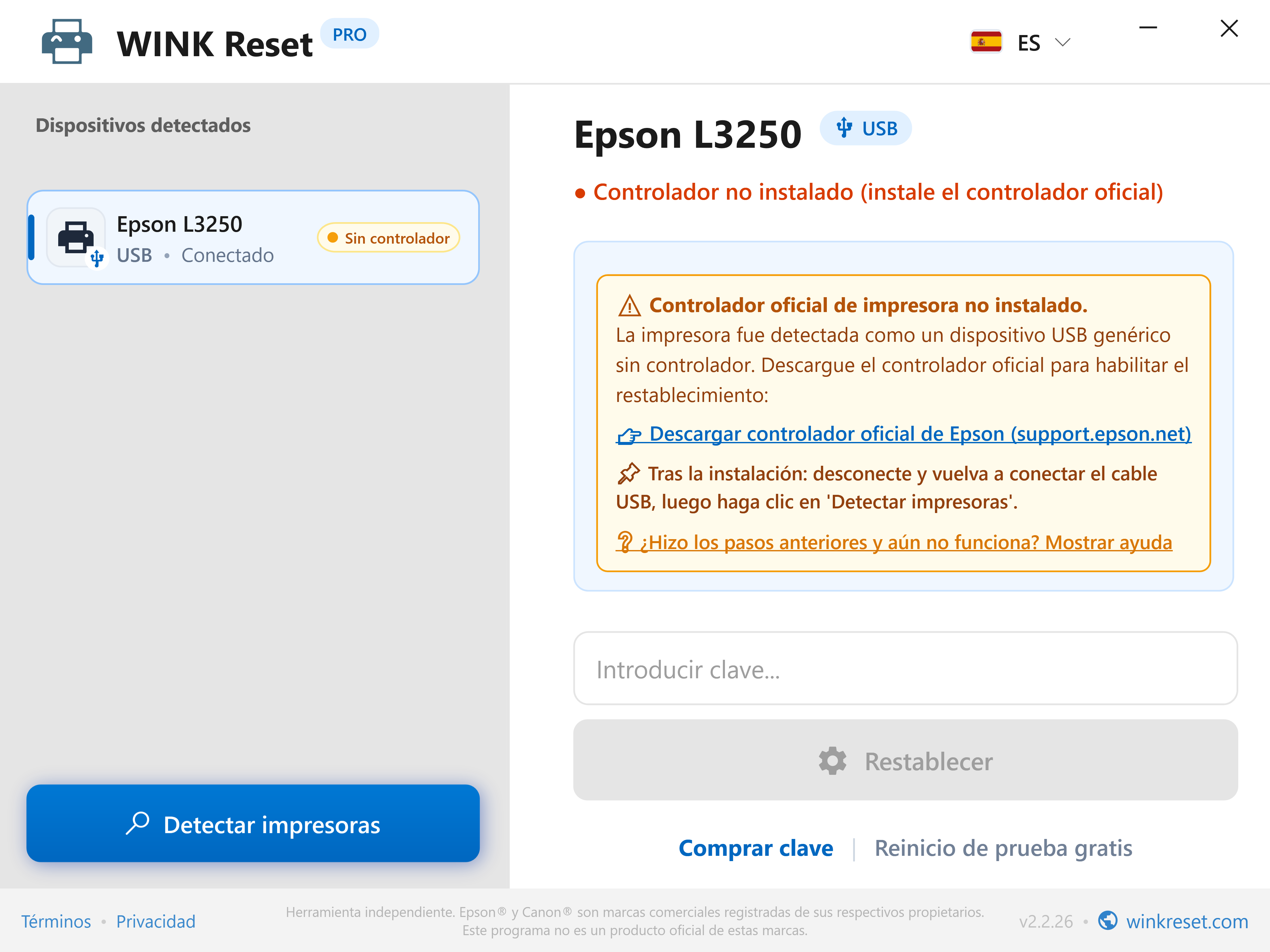 Detección inteligente de falta de controlador USB - WINK Reset PRO (ES)