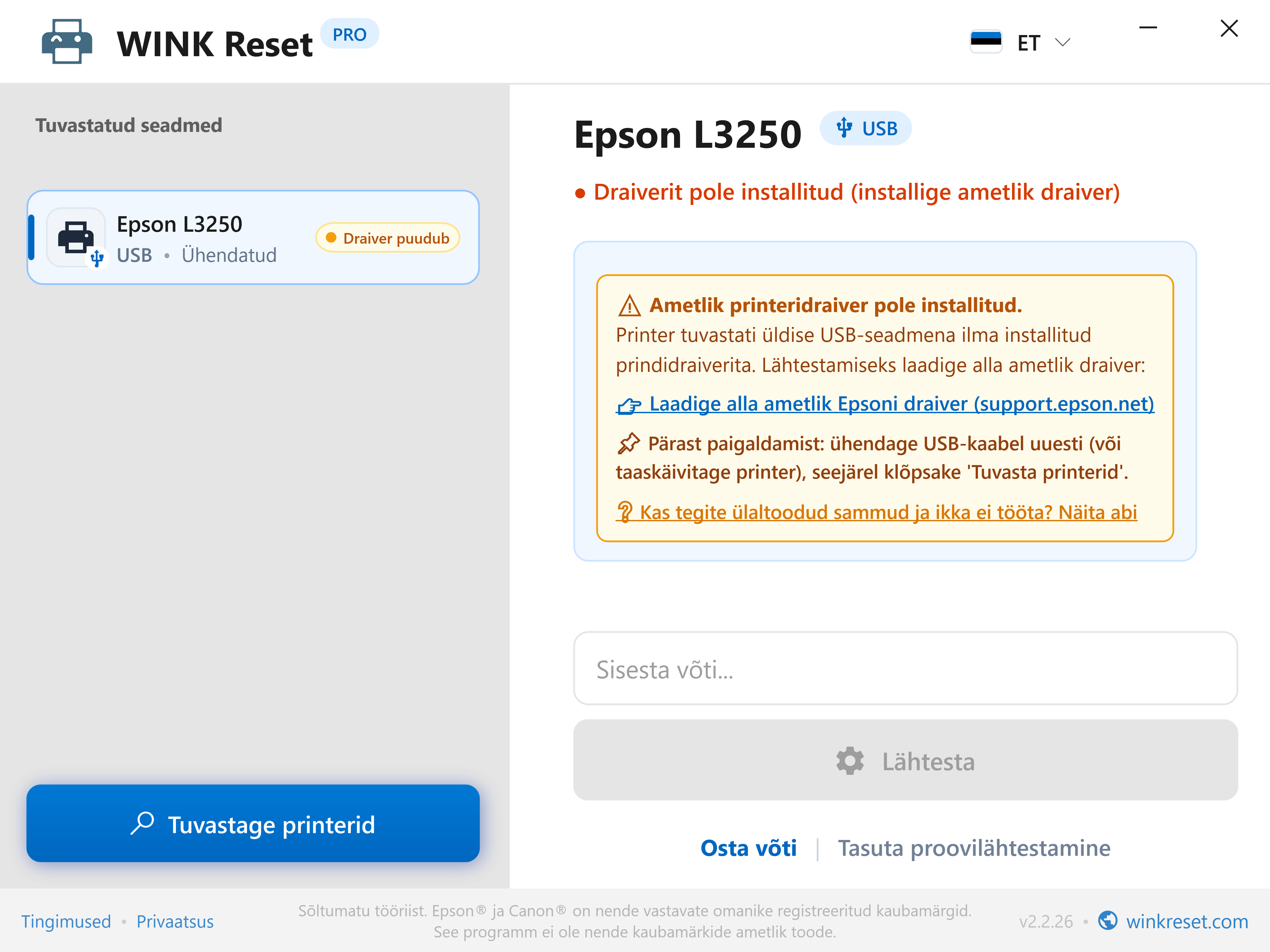 Puuduva USB printeridraiveri nutikas tuvastamine - WINK Reset PRO (ET)