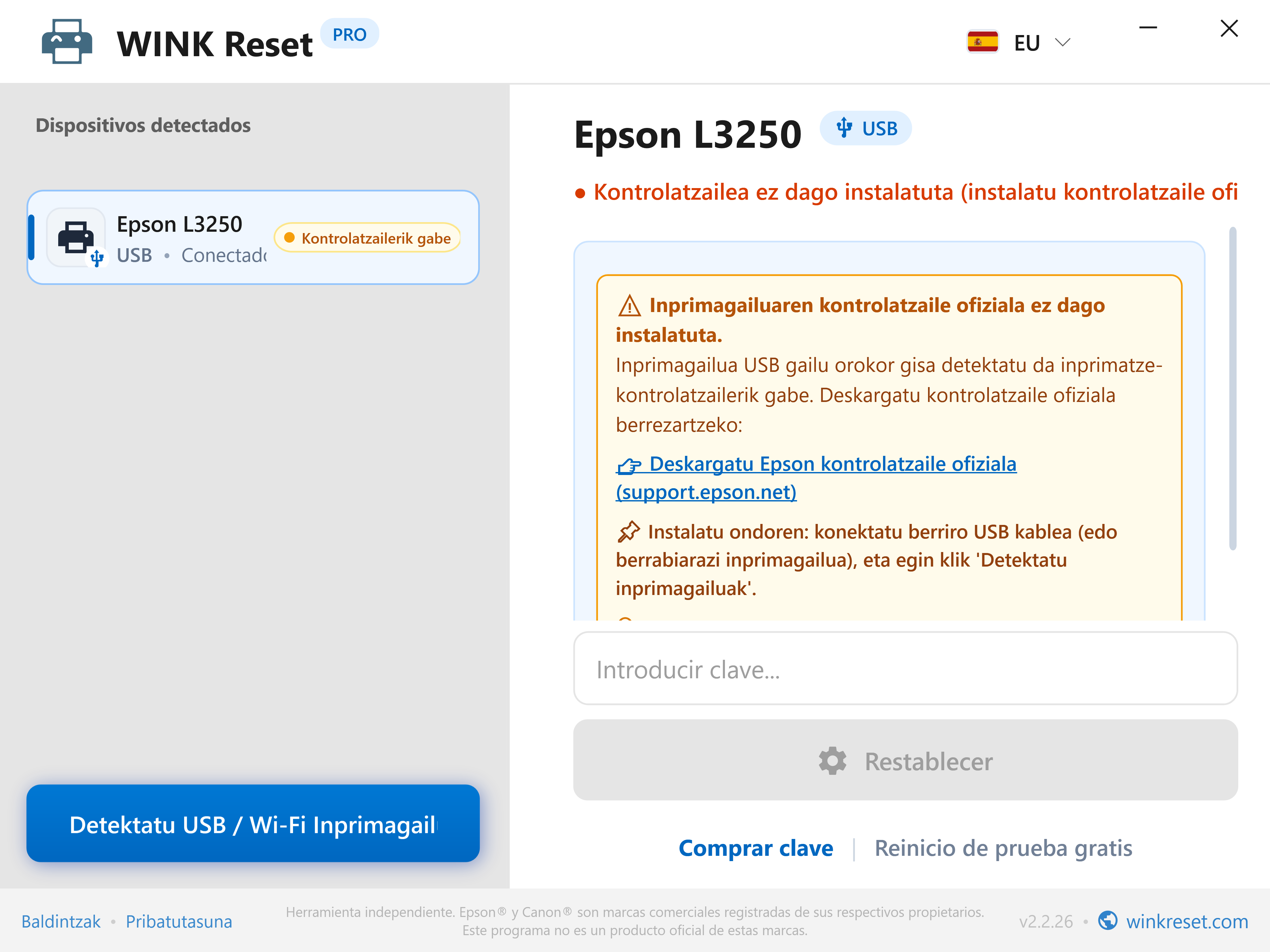 USB inprimagailuaren kontrolatzaile faltaren detekzio adimenduna - WINK Reset PRO (EU)