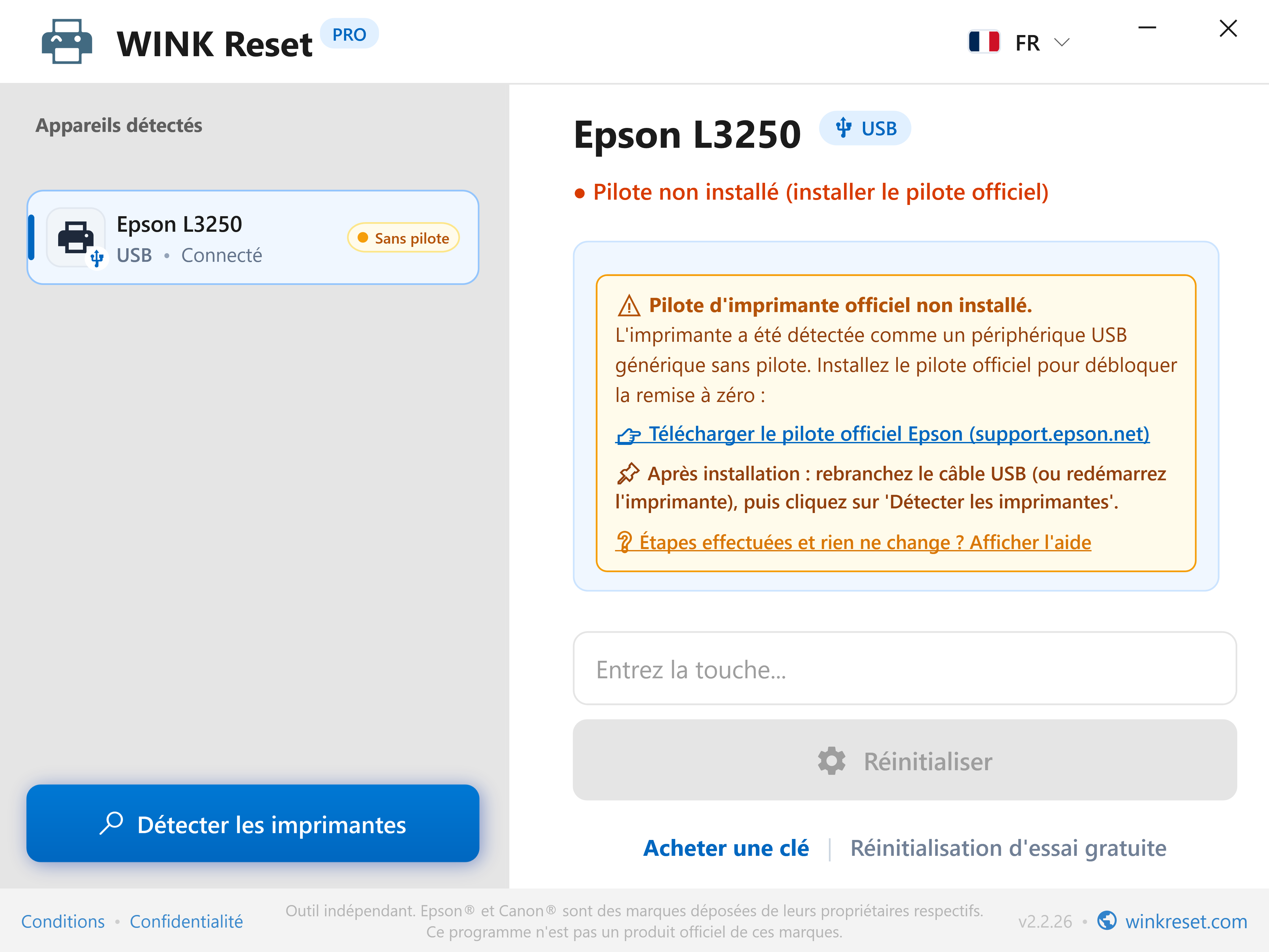 Détection intelligente de l'absence de pilote USB - WINK Reset PRO (FR)