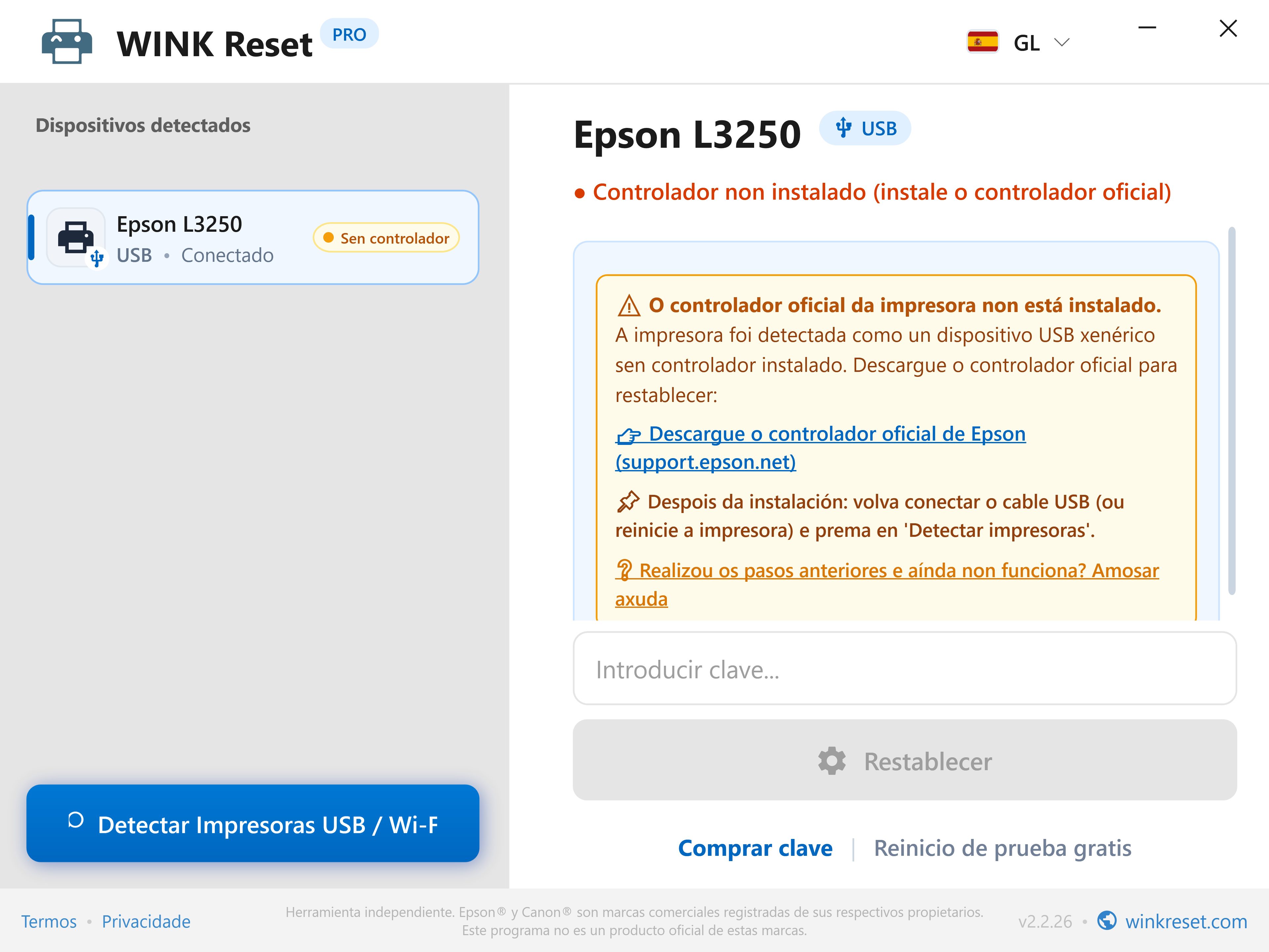 Detección intelixente da falta do controlador USB da impresora - WINK Reset PRO (GL)