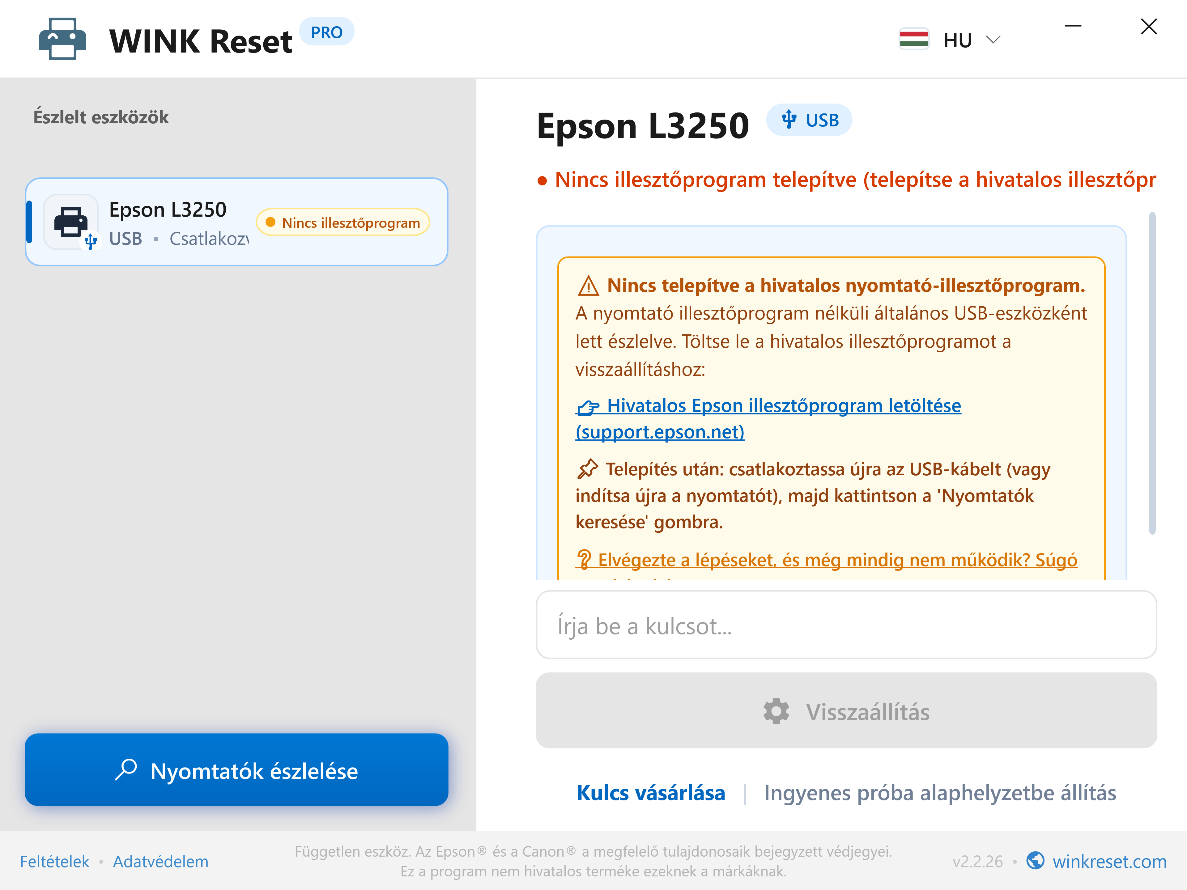 Hiányzó USB nyomtatóillesztő intelligens észlelése - WINK Reset PRO (HU)