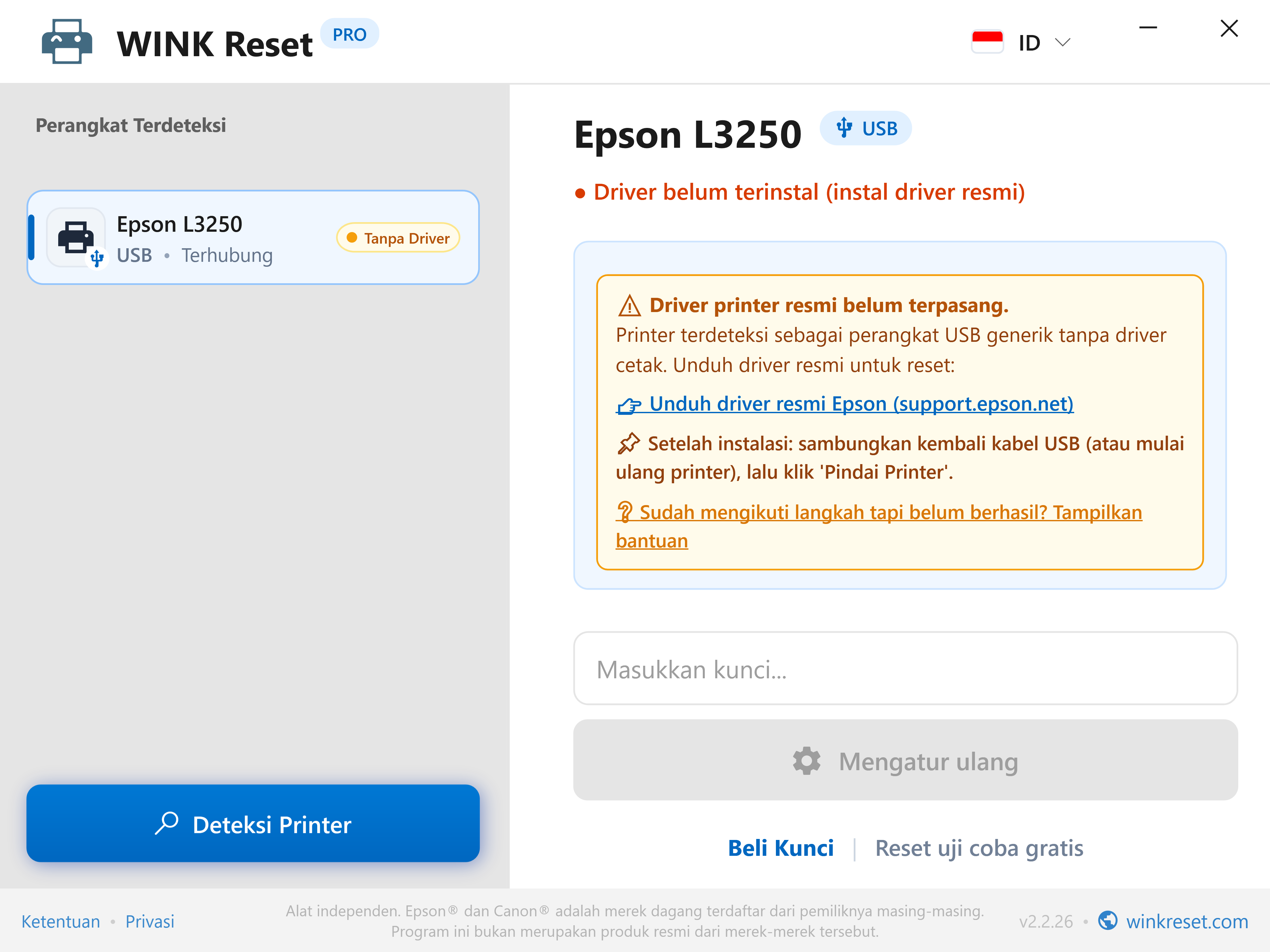 Deteksi cerdas driver printer USB yang hilang - WINK Reset PRO (ID)