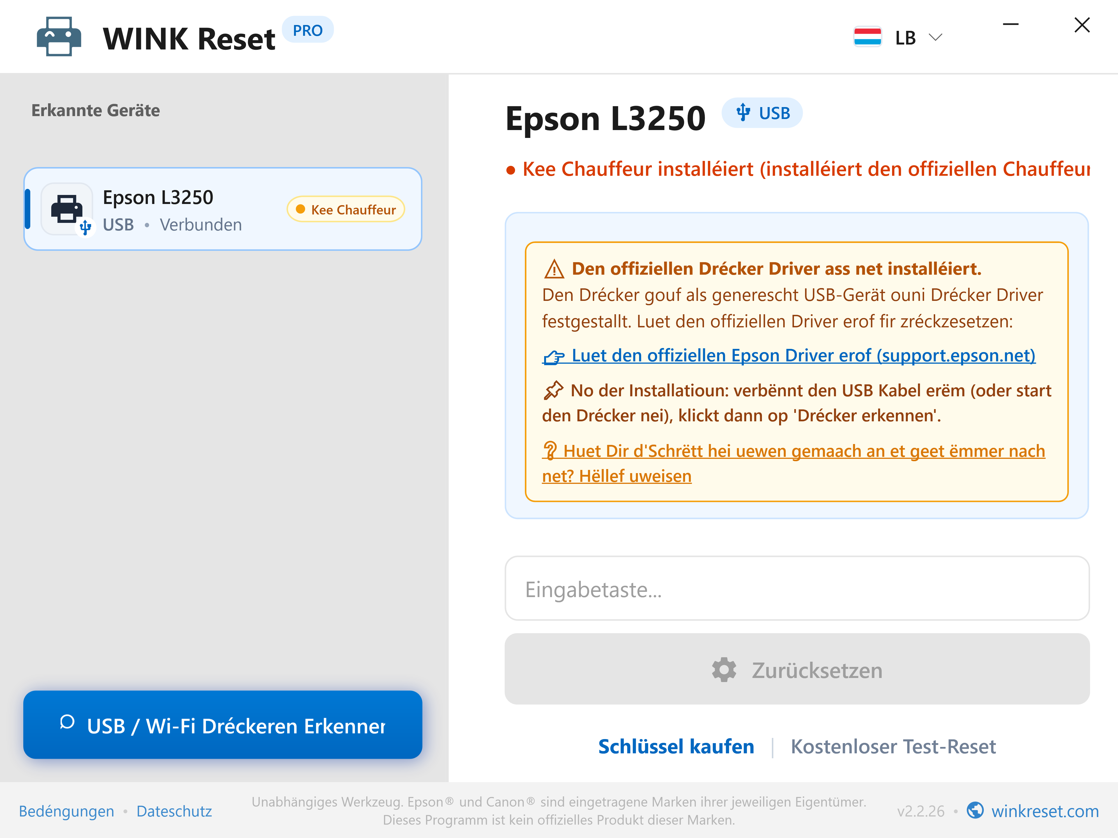 Intelligent Erkennung vu feelenden USB-Dréckertreiberen - WINK Reset PRO (LB)