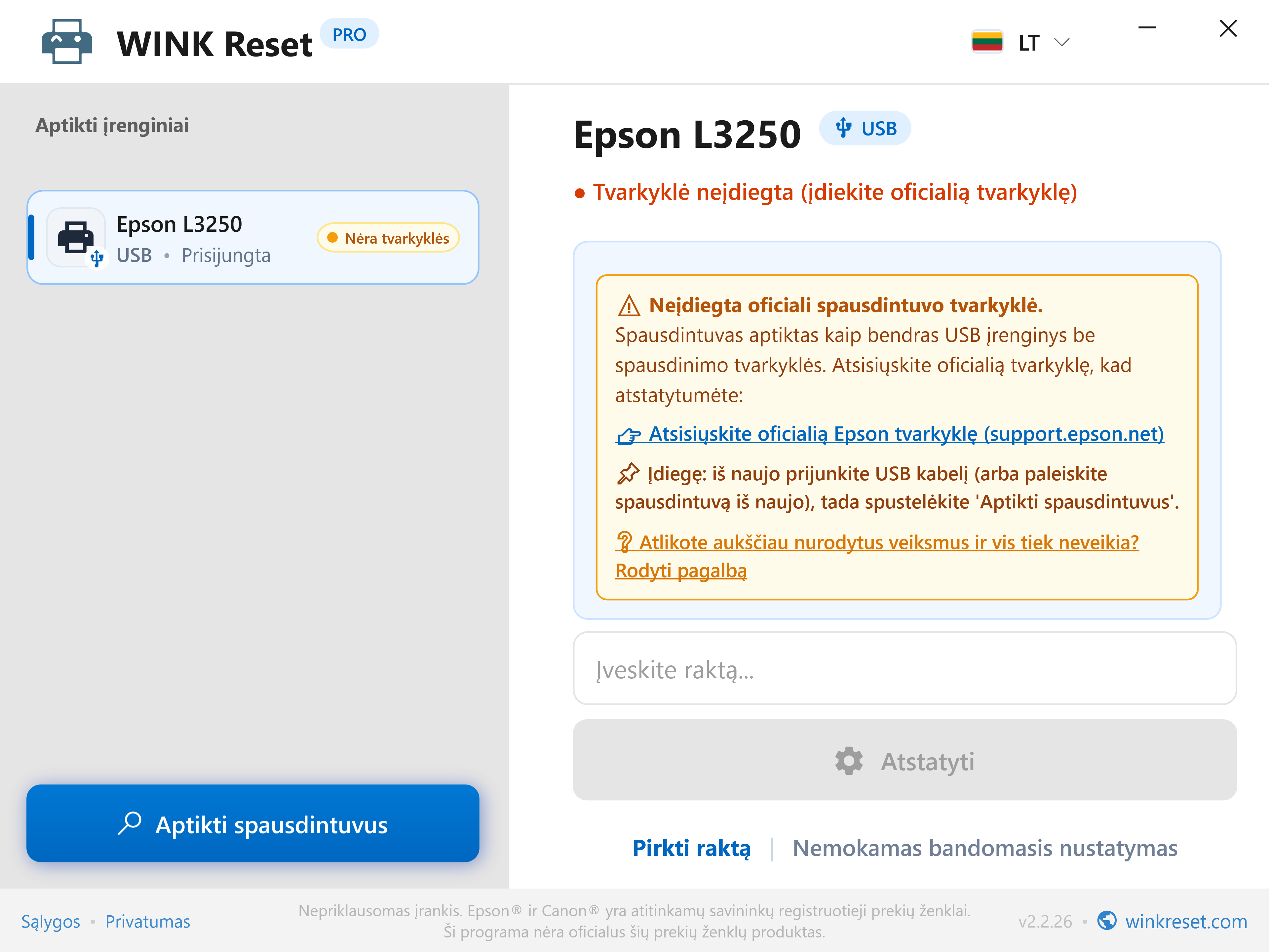Išmanusis trūkstamos USB spausdintuvo tvarkyklės aptikimas - WINK Reset PRO (LT)