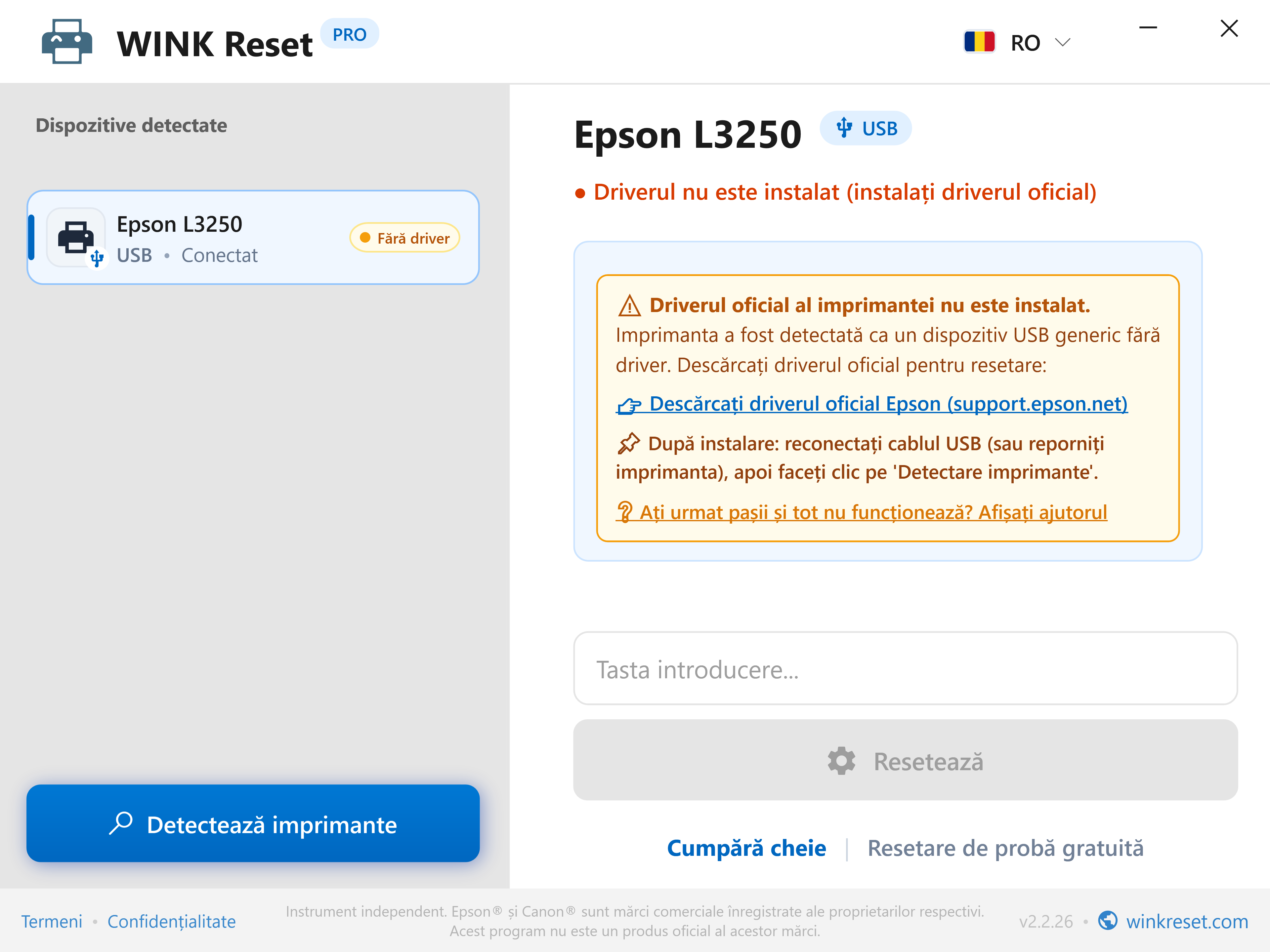 Detectare inteligentă a lipsei driverului USB - WINK Reset PRO (RO)