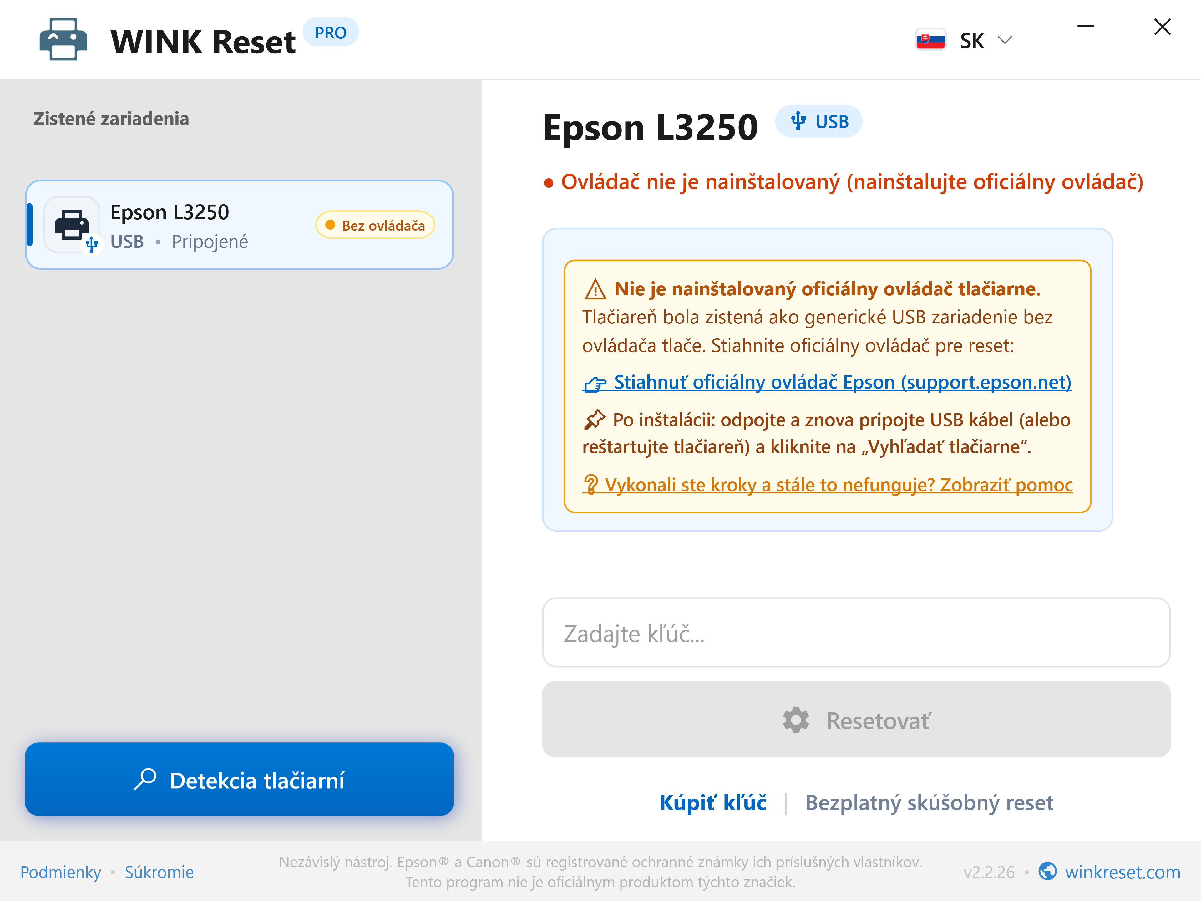 Inteligentná detekcia chýbajúceho USB ovládača - WINK Reset PRO (SK)