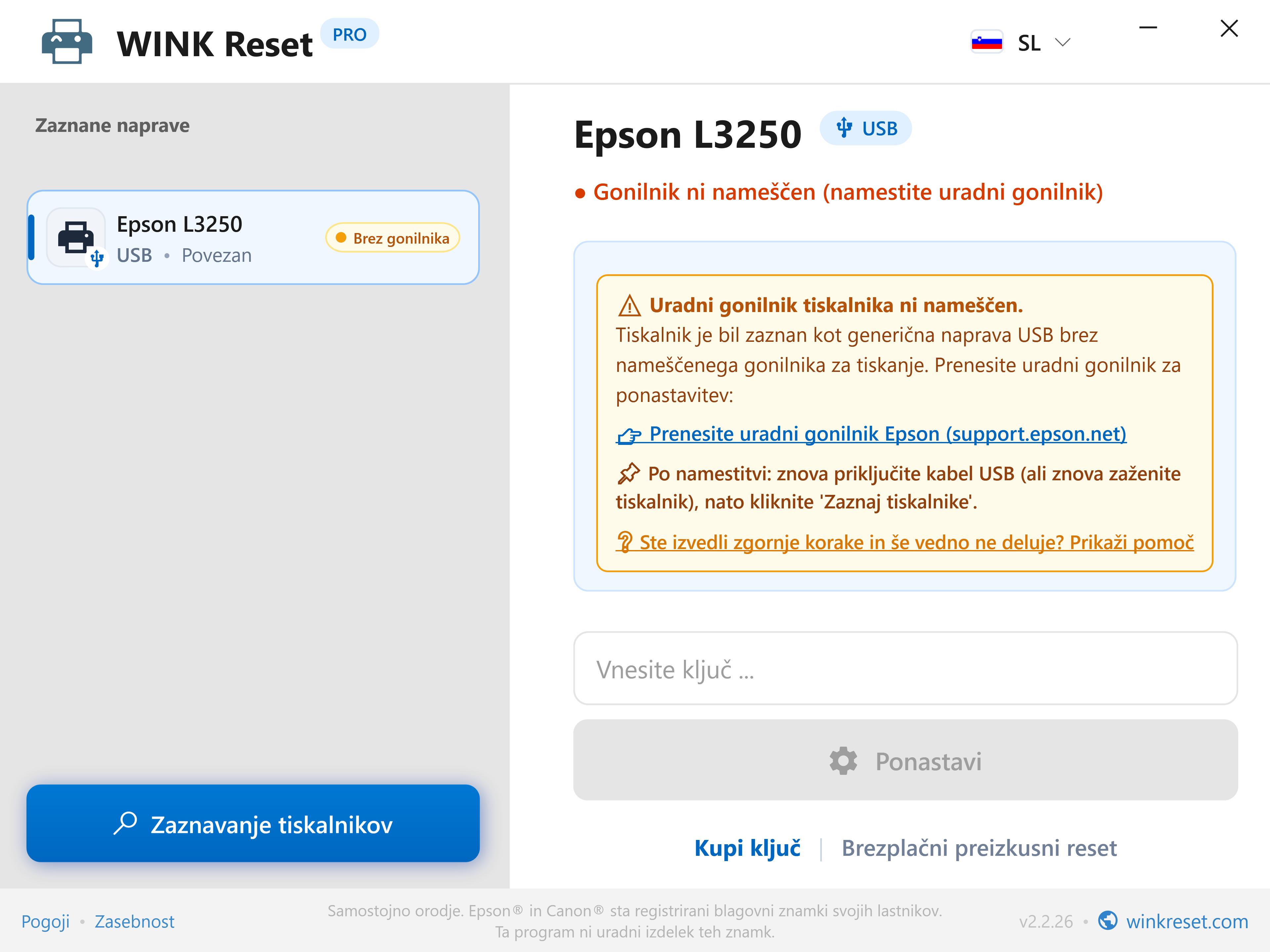 Inteligentno zaznavanje manjkajočega gonilnika USB - WINK Reset PRO (SL)