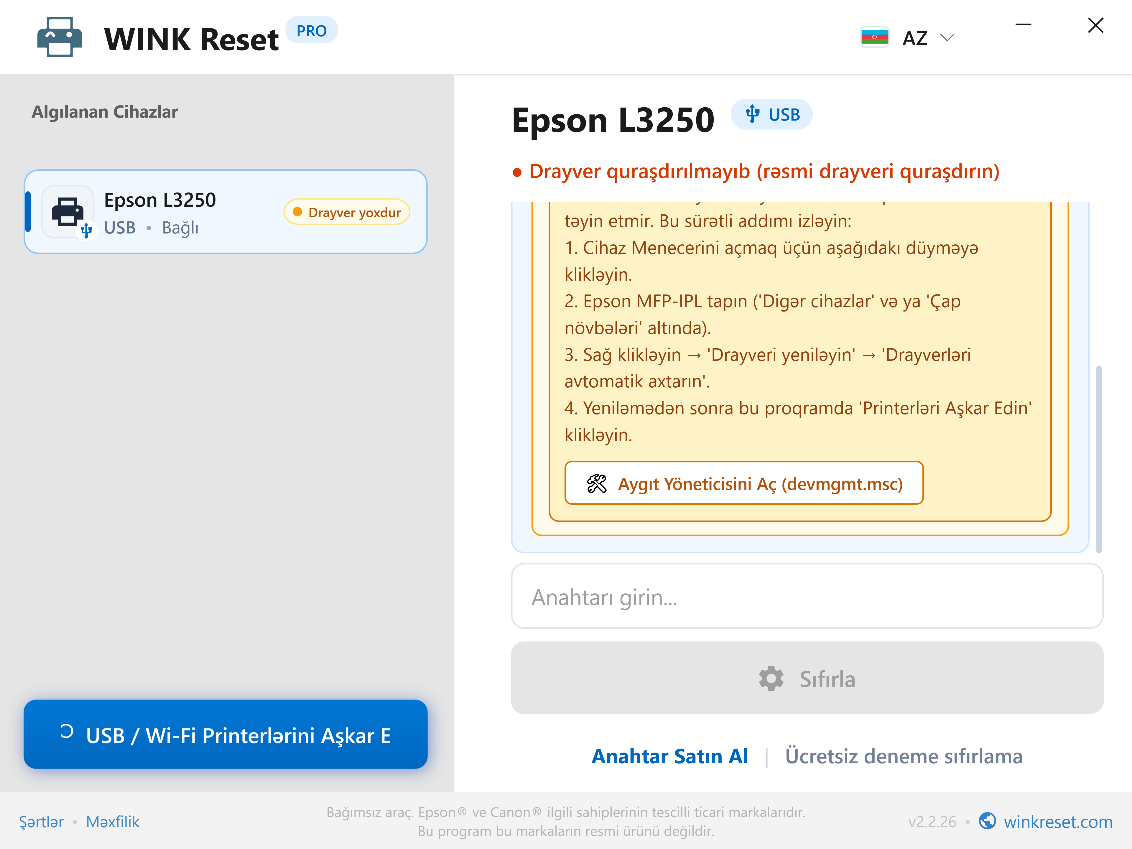 Daxili Qurğu Meneceri bələdçisi (Device Manager) - WINK Reset PRO (AZ)