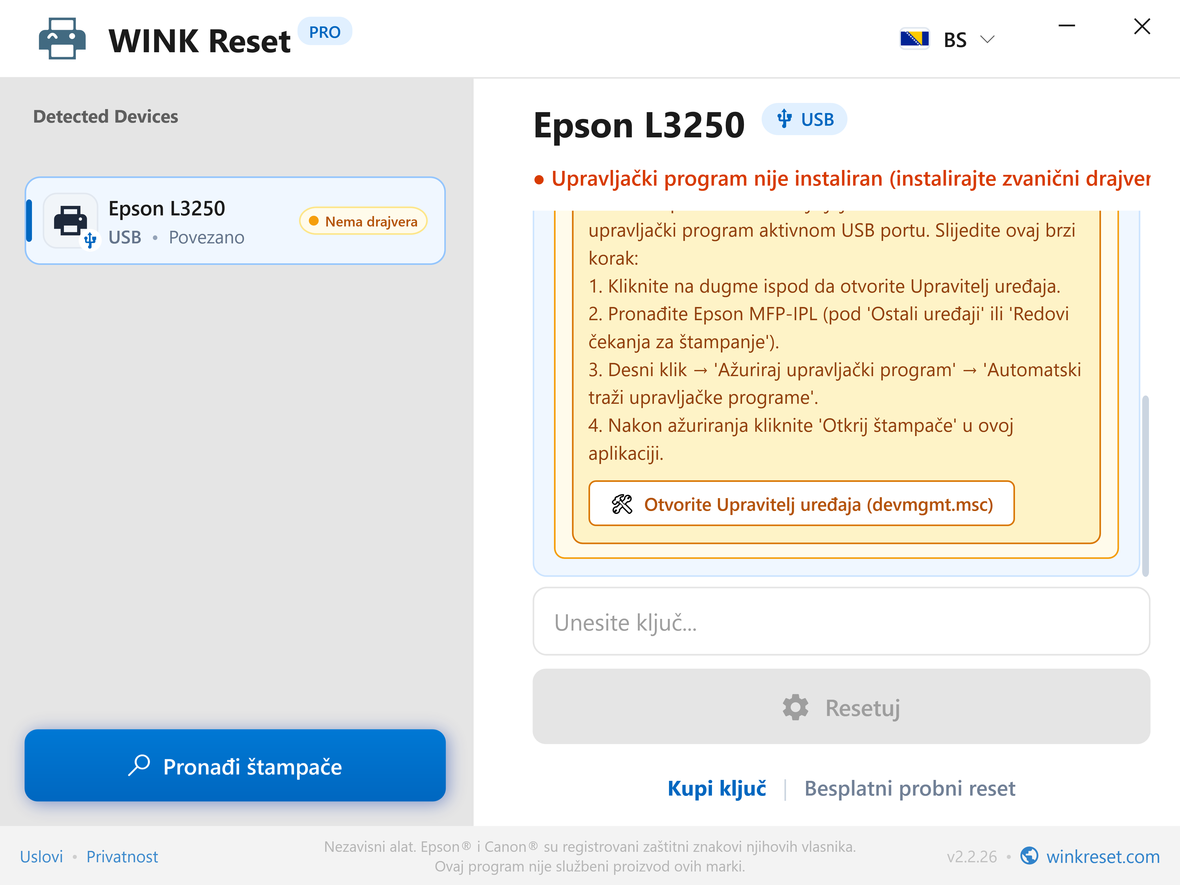 Ugrađeni vodič kroz Upravitelj uređaja - WINK Reset PRO (BS)