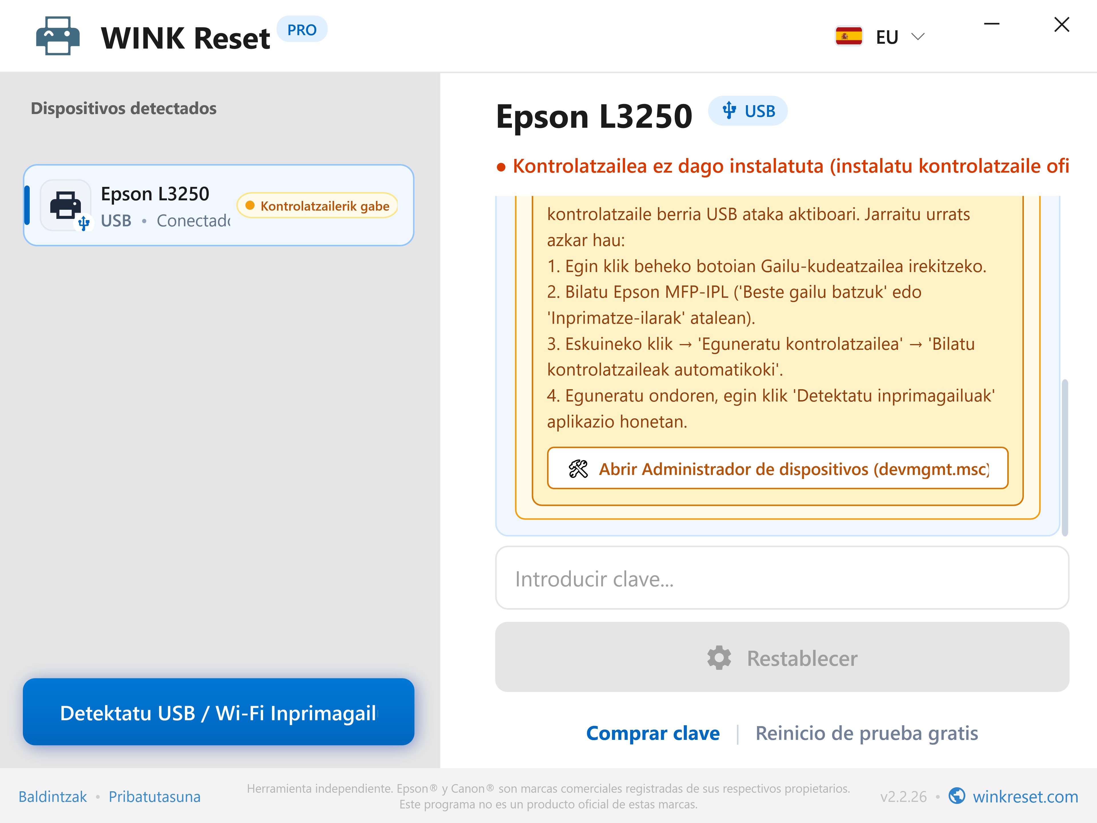 Gailu-kudeatzailearen gida integratua - WINK Reset PRO (EU)