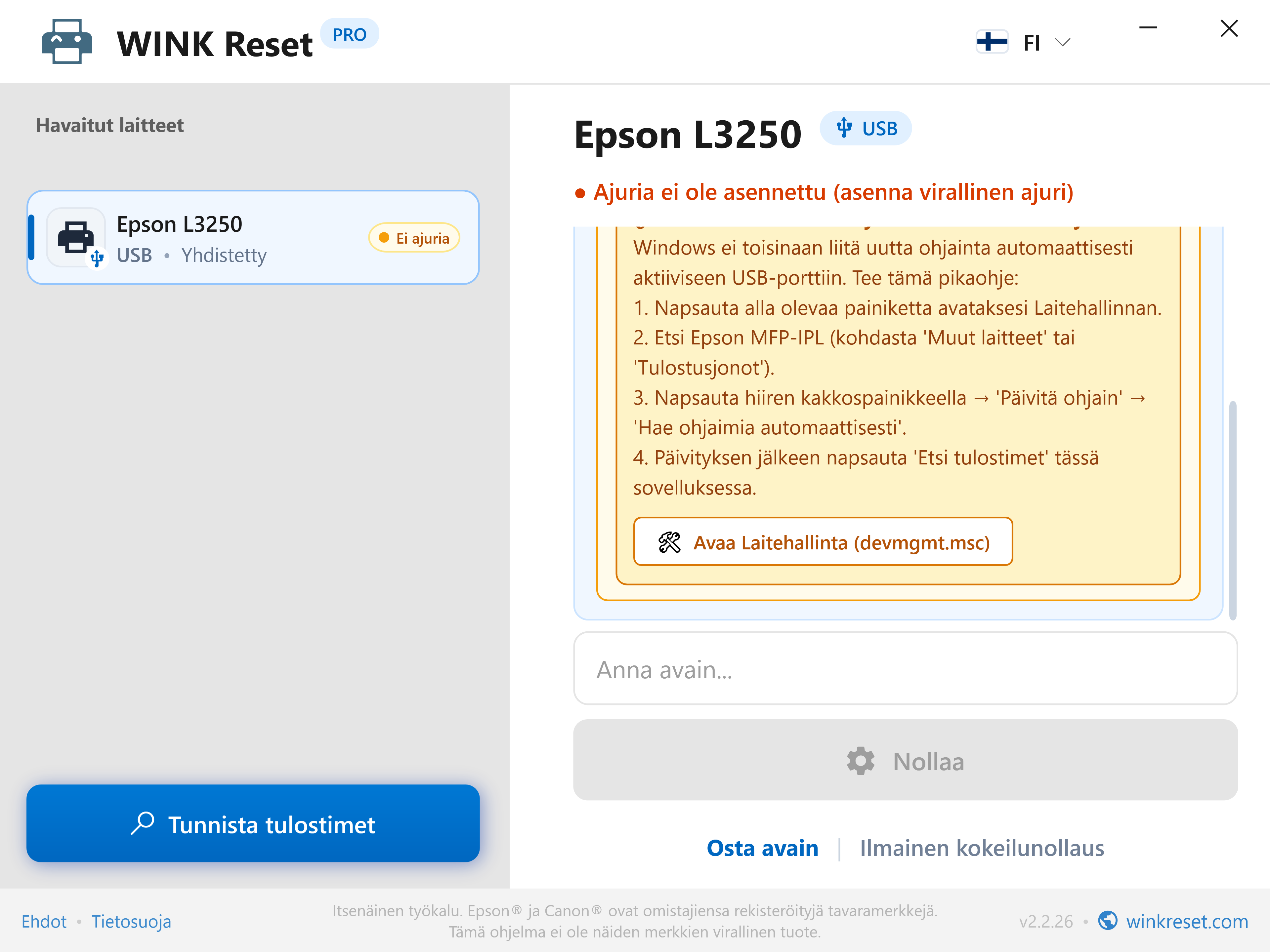 Sisäänrakennettu Laitehallinnan opas - WINK Reset PRO (FI)