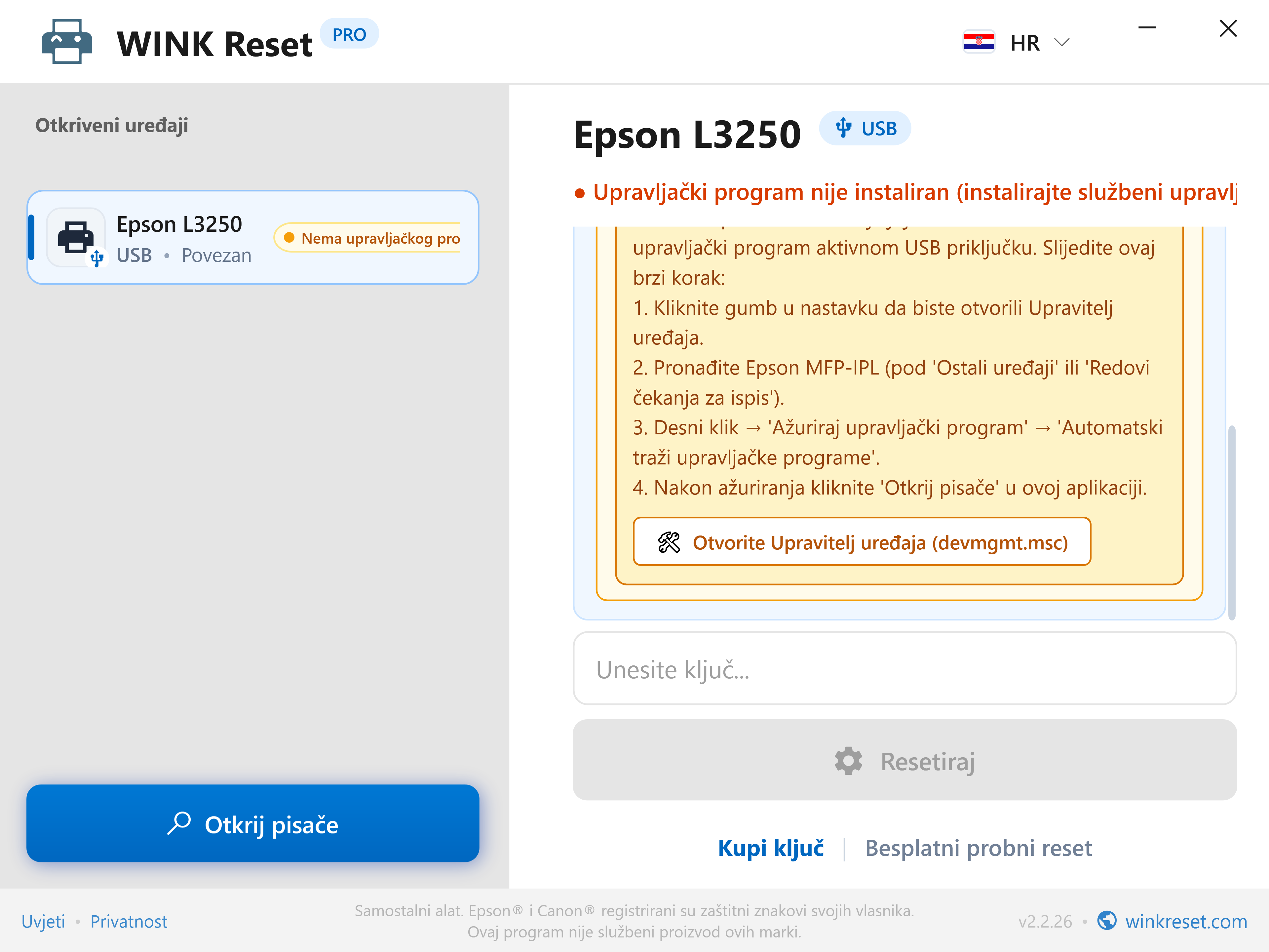 Ugrađeni vodič kroz Upravitelj uređaja - WINK Reset PRO (HR)