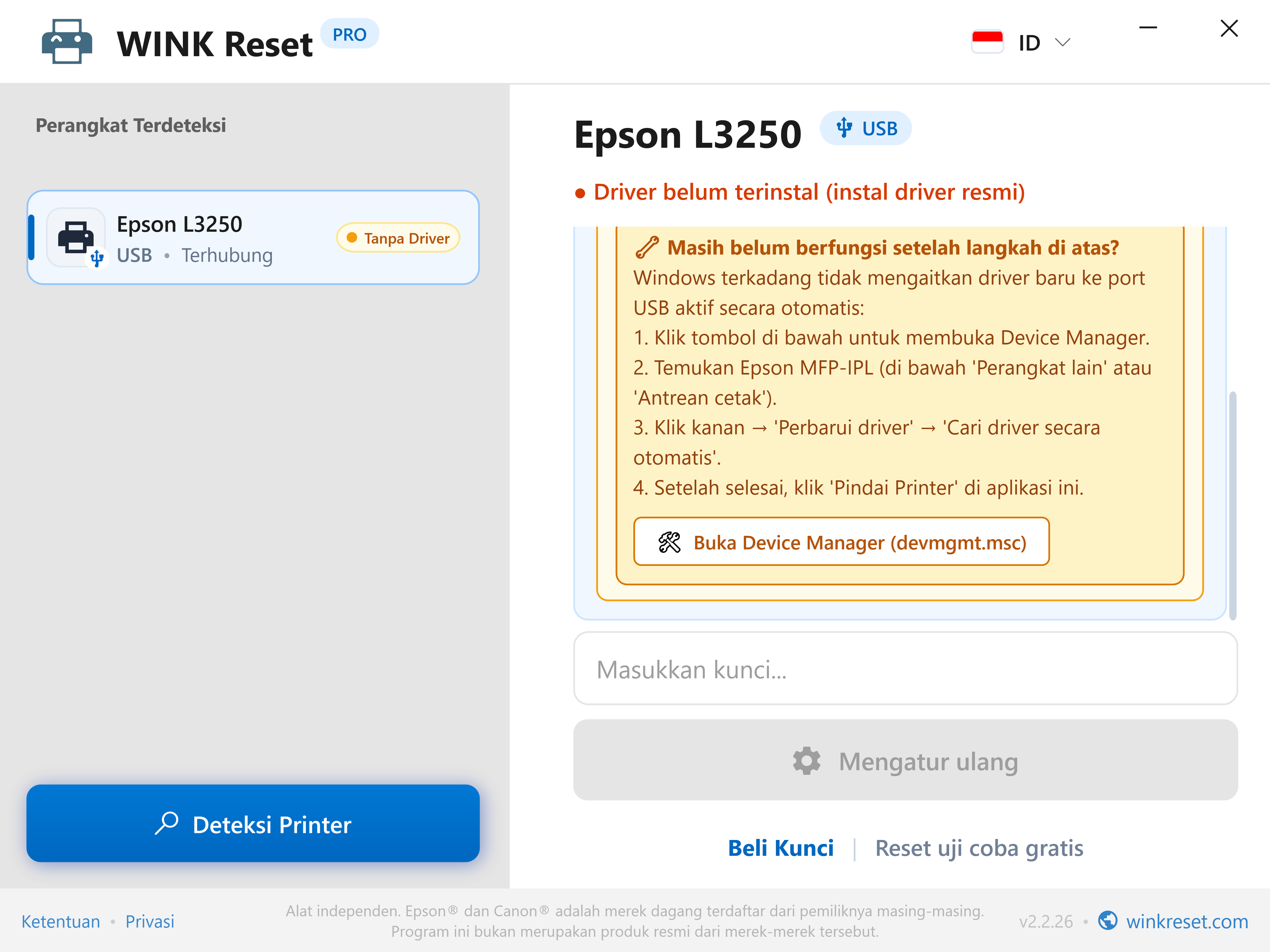 Panduan terintegrasi Device Manager - WINK Reset PRO (ID)