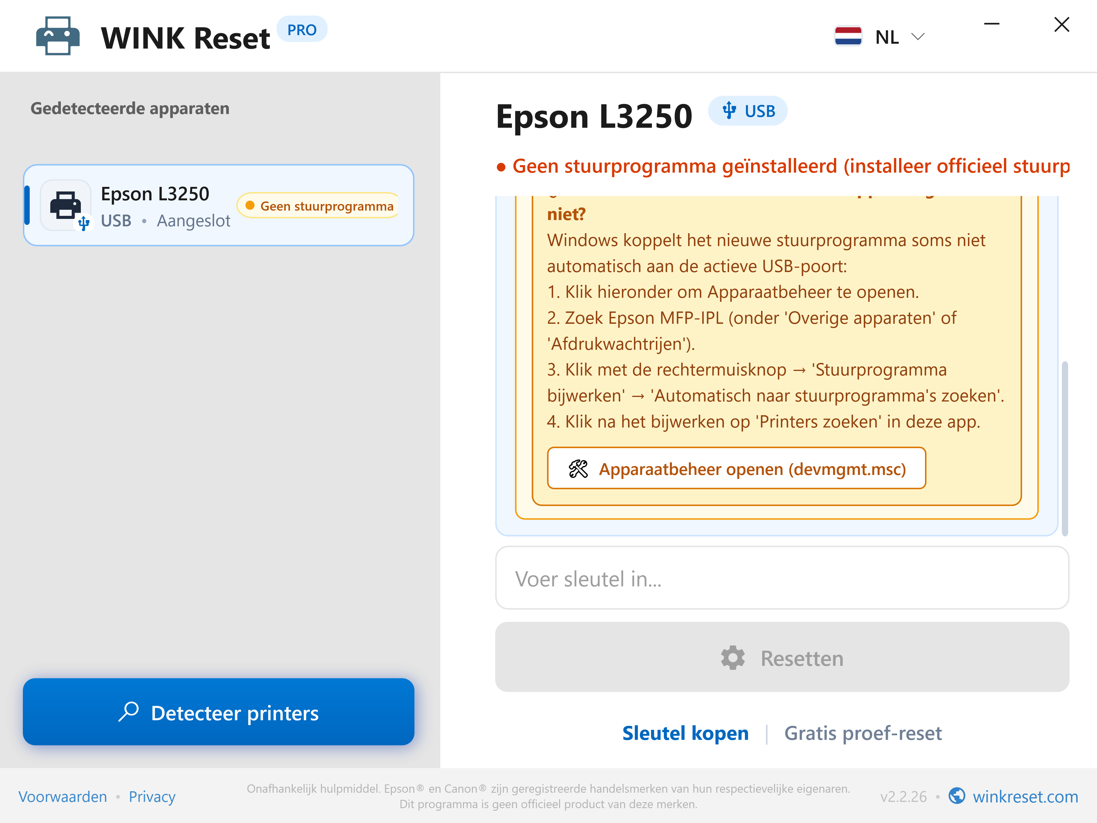 Ingebouwde handleiding voor Apparaatbeheer - WINK Reset PRO (NL)