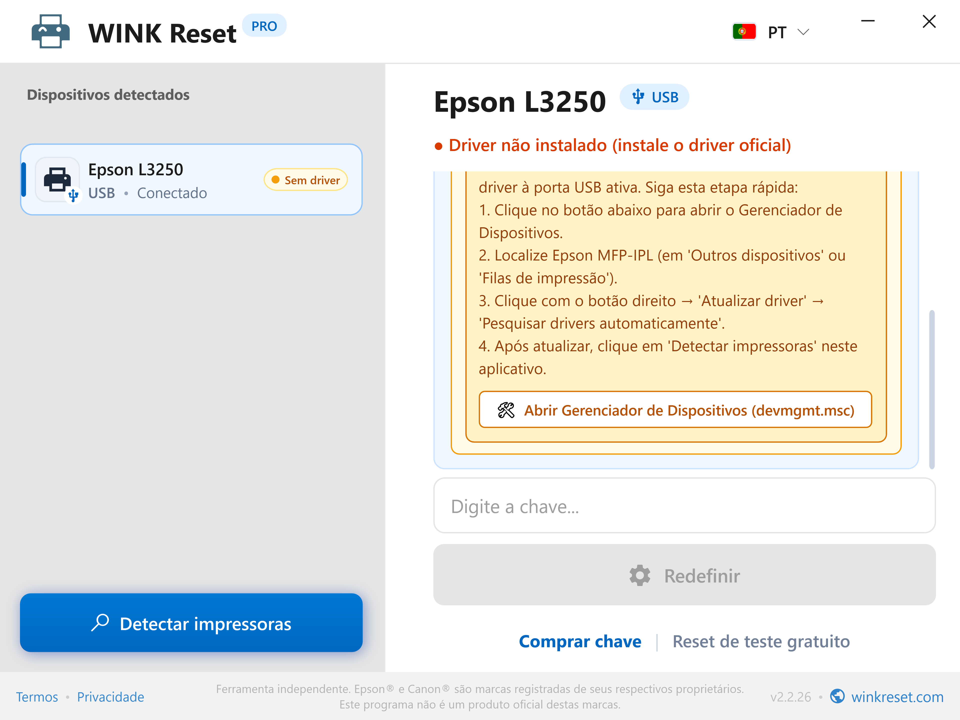 Guia integrado do Gestor de Dispositivos - WINK Reset PRO (PT)