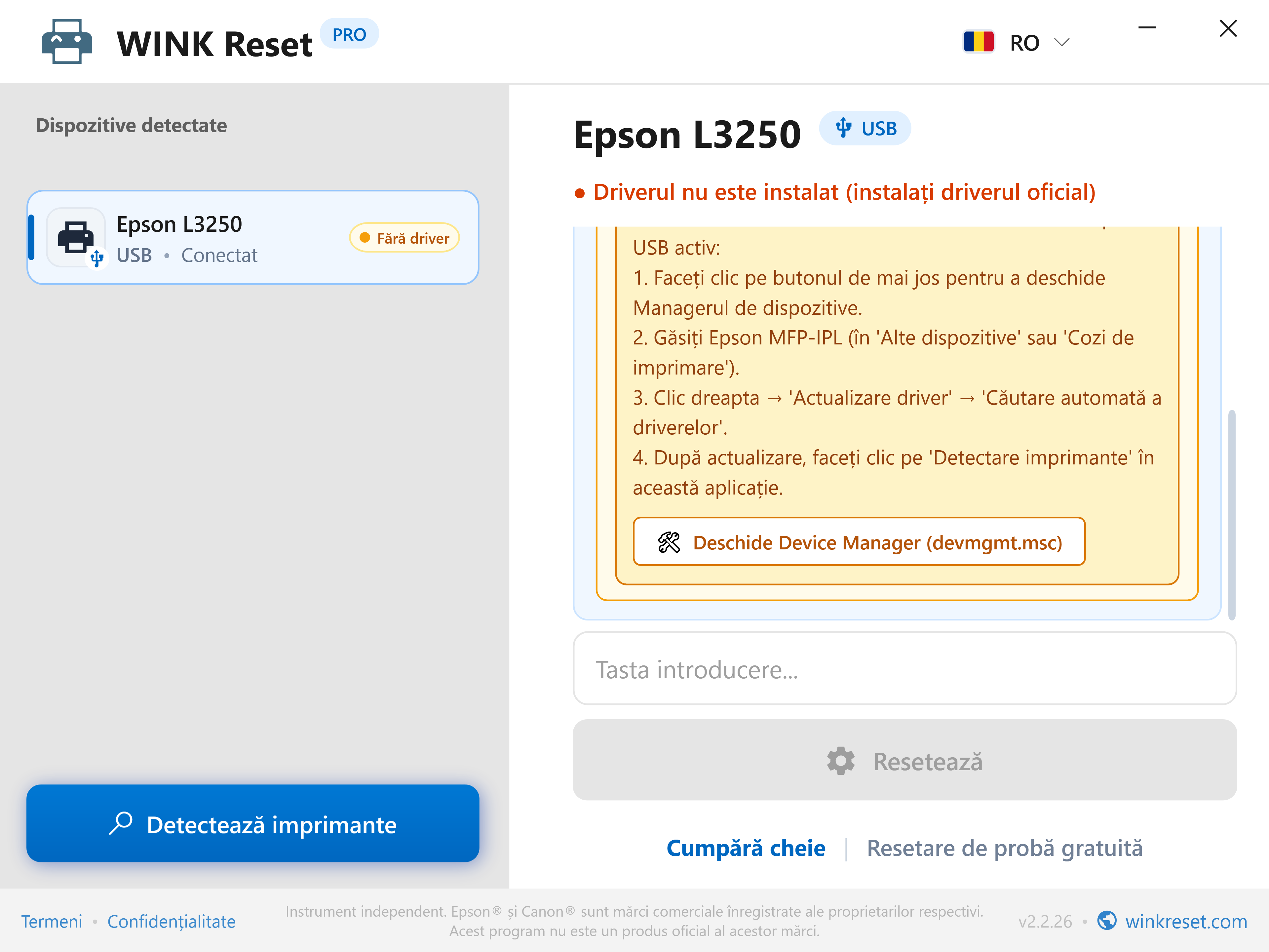 Ghid integrat pentru Manager de dispozitive - WINK Reset PRO (RO)