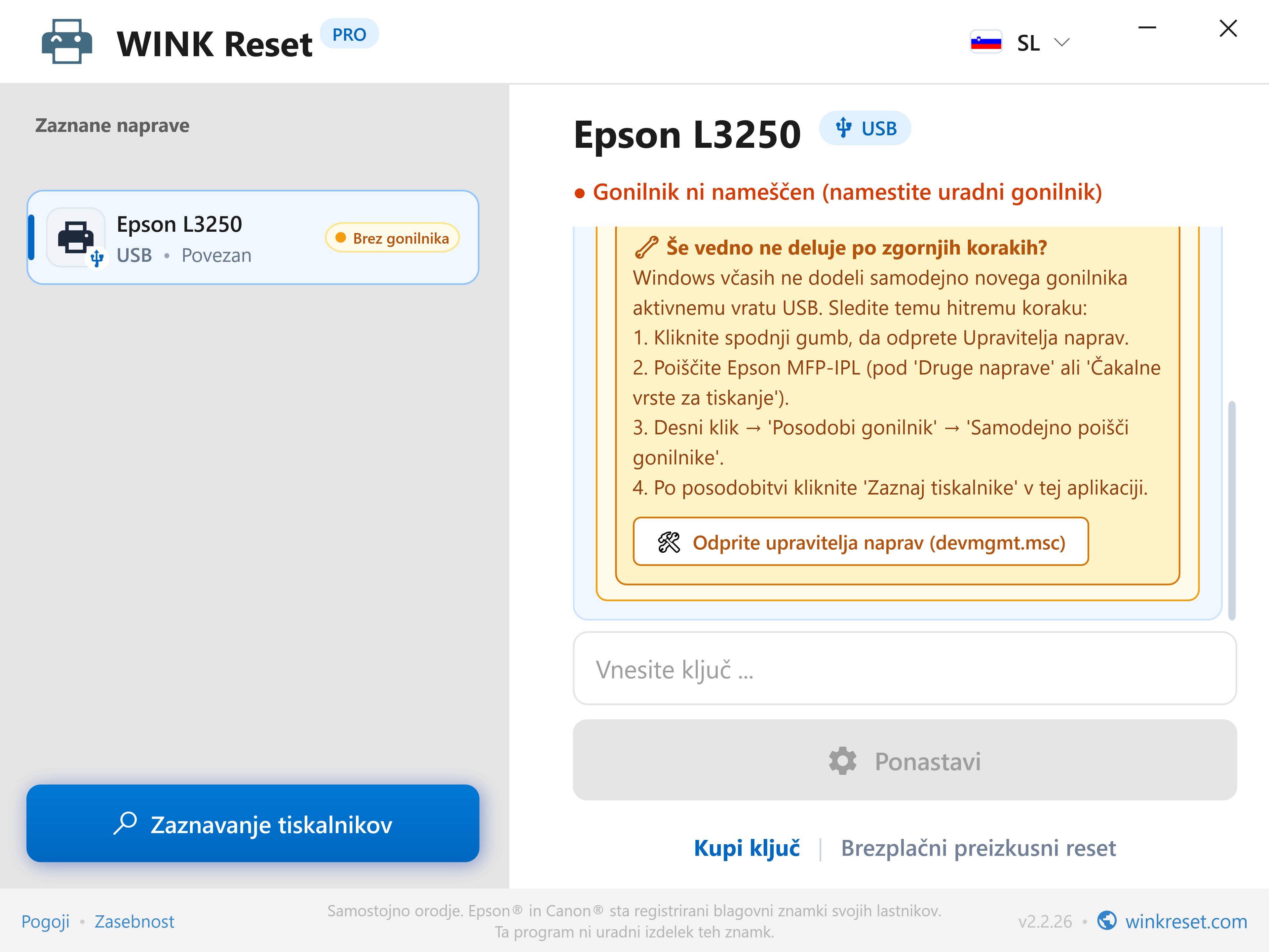 Vgrajeni vodnik po Upravitelju naprav - WINK Reset PRO (SL)