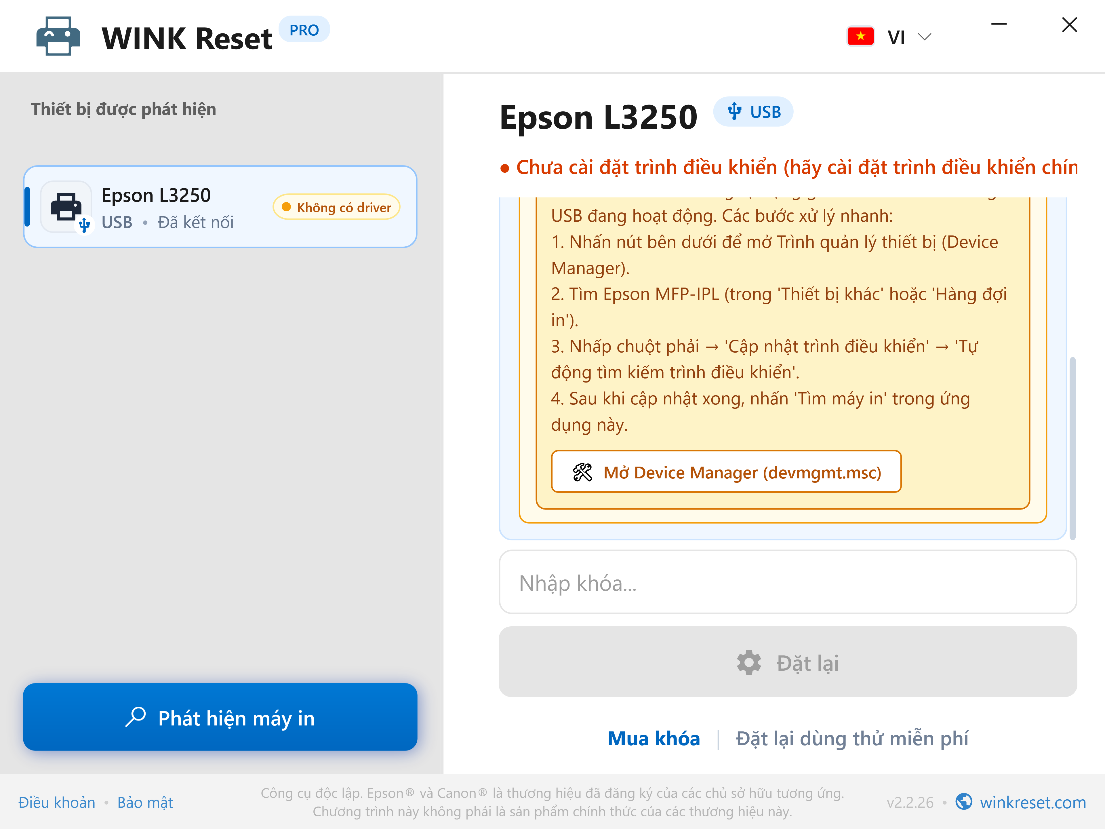 Hướng dẫn tích hợp Device Manager (Trình quản lý thiết bị) - WINK Reset PRO (VI)