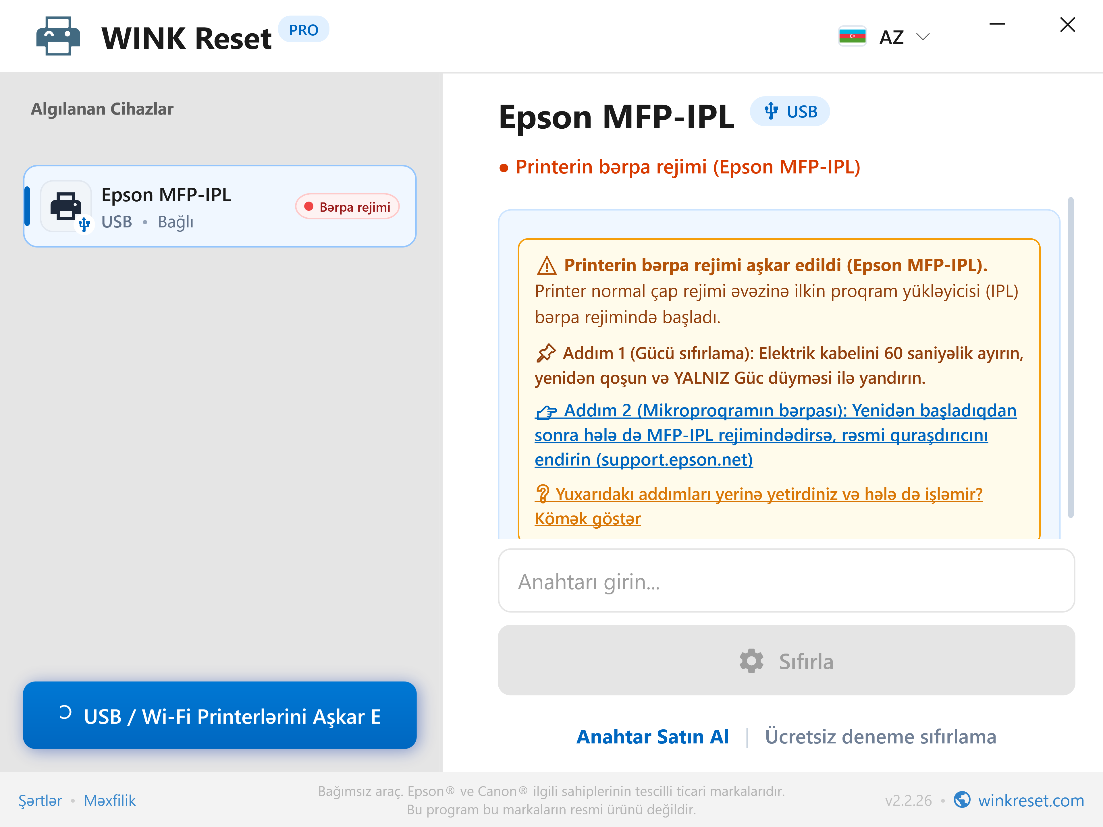 Qəza yükləyici rejimi köməkçisi (Epson MFP-IPL) - WINK Reset PRO (AZ)