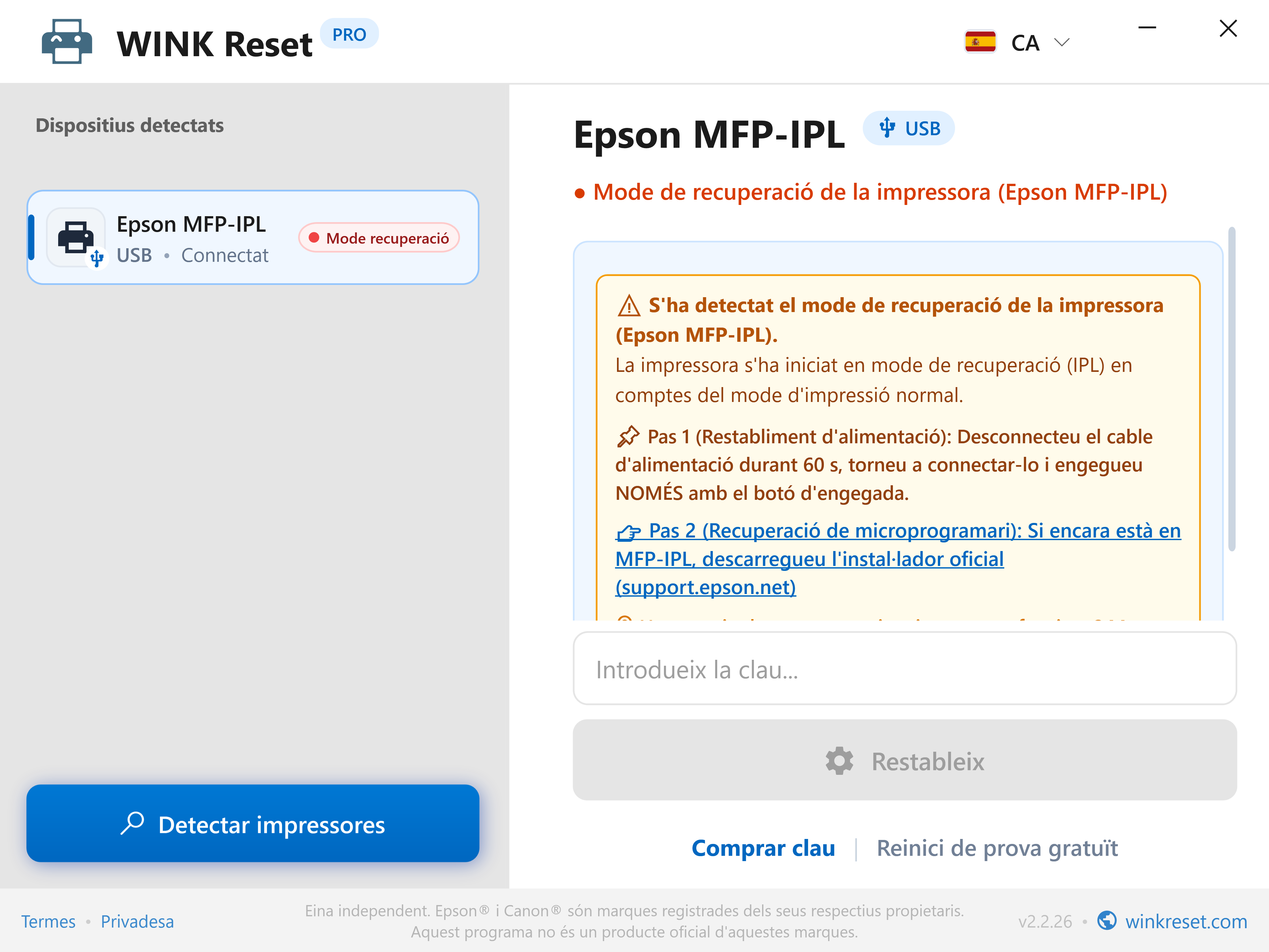 Assistent per al mode de recuperació bootloader (Epson MFP-IPL) - WINK Reset PRO (CA)