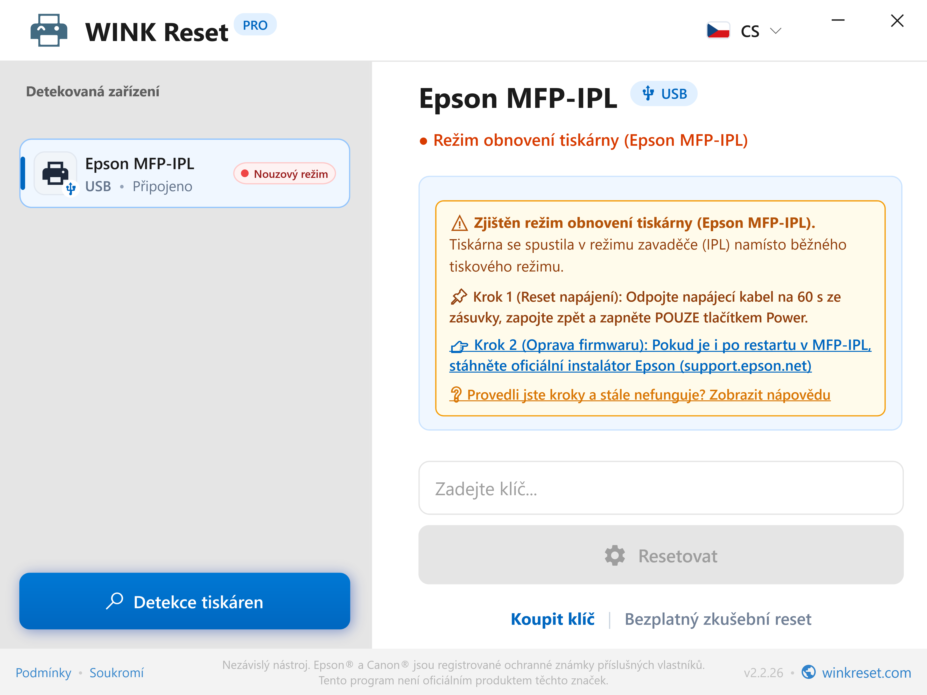 Asistent nouzového režimu bootloaderu (Epson MFP-IPL) - WINK Reset PRO (CS)