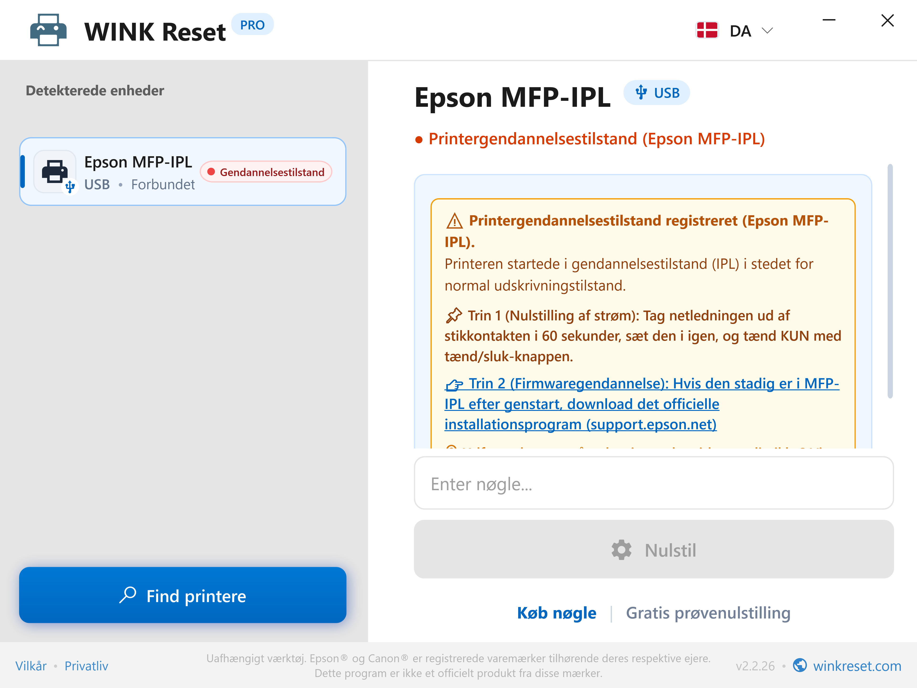Assistent til nød-bootloader (Epson MFP-IPL) - WINK Reset PRO (DA)