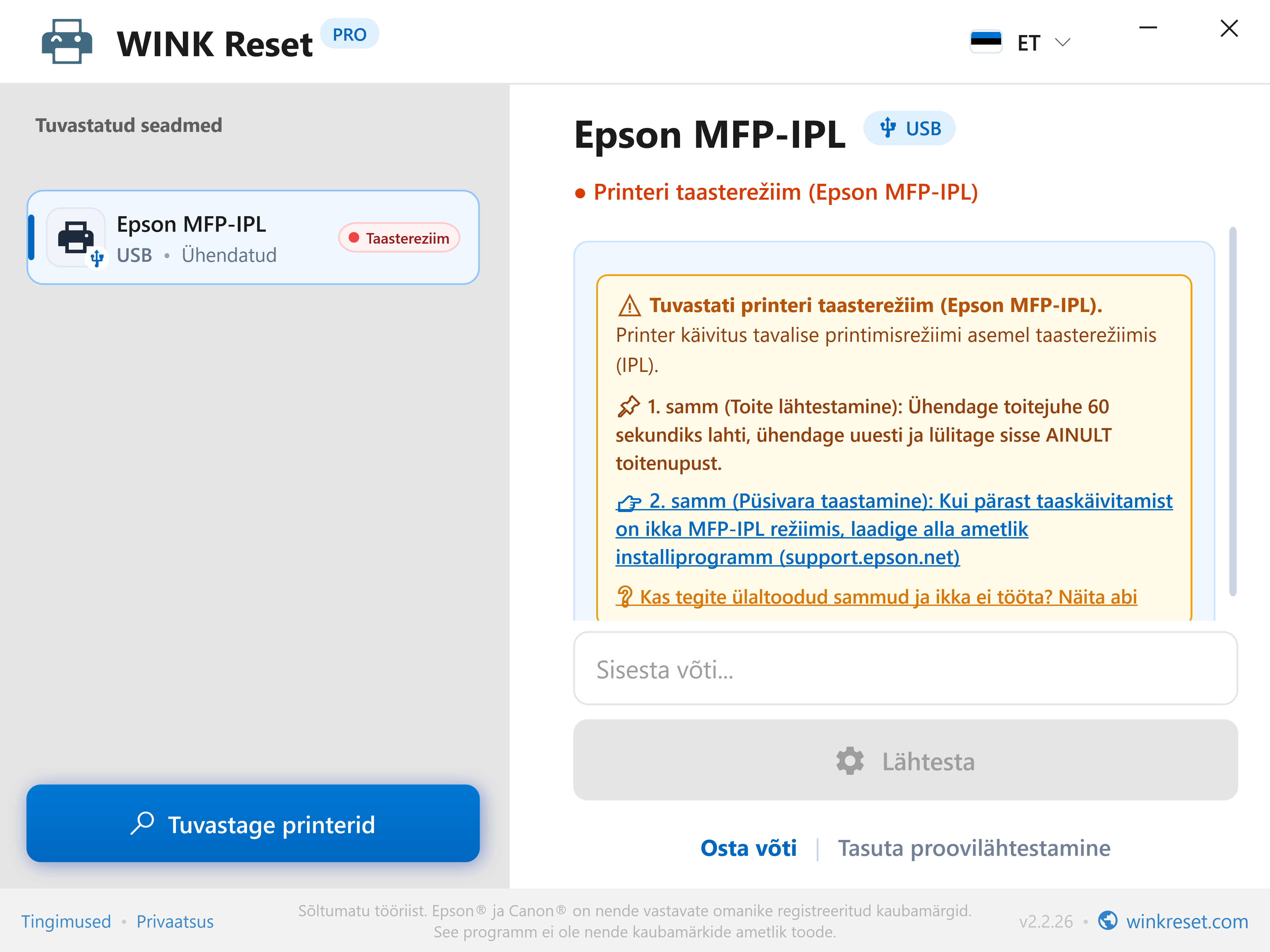 Avariilise alglaaduri assistent (Epson MFP-IPL) - WINK Reset PRO (ET)