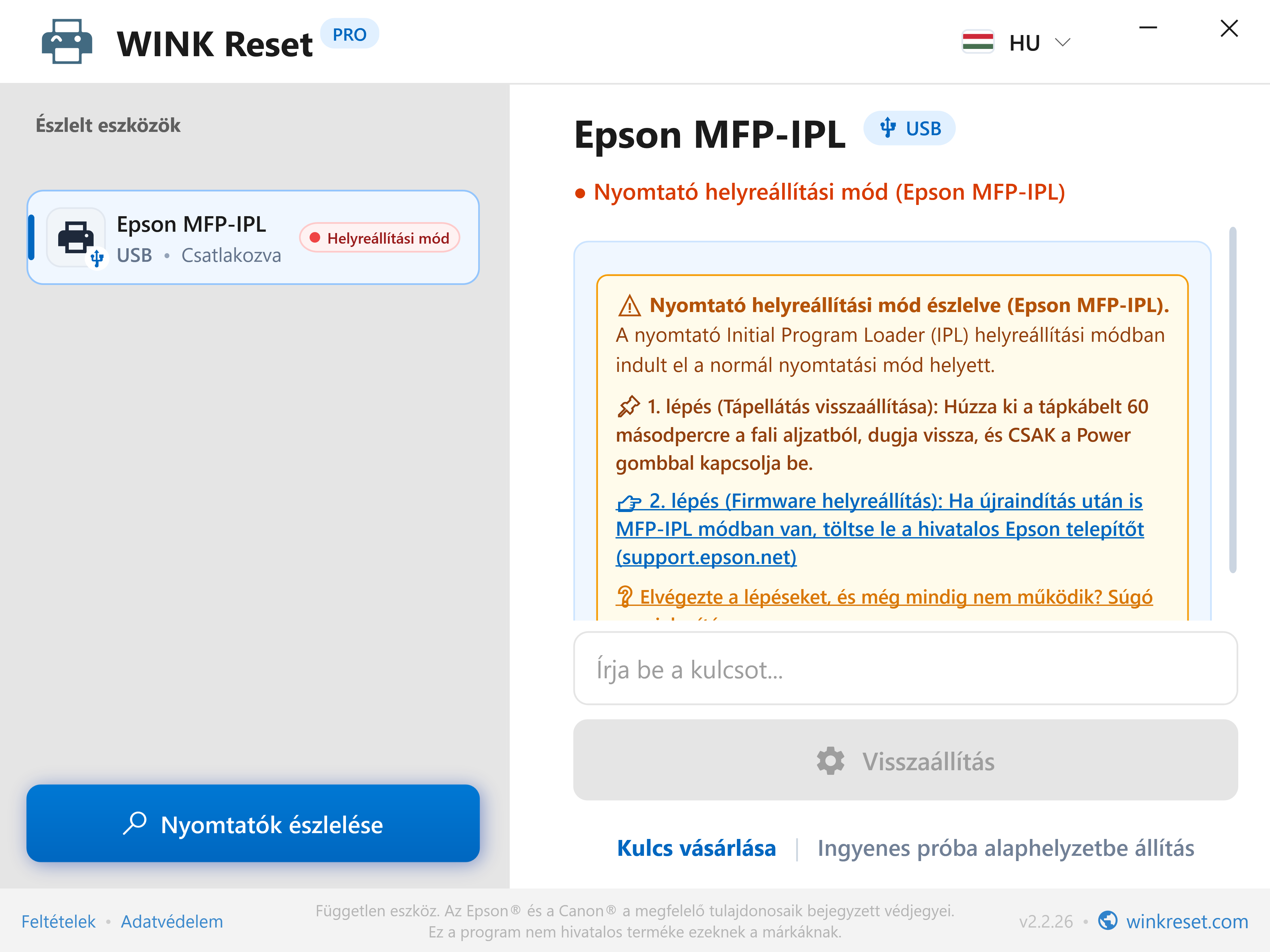 Vészhelyzeti bootloader asszisztens (Epson MFP-IPL) - WINK Reset PRO (HU)