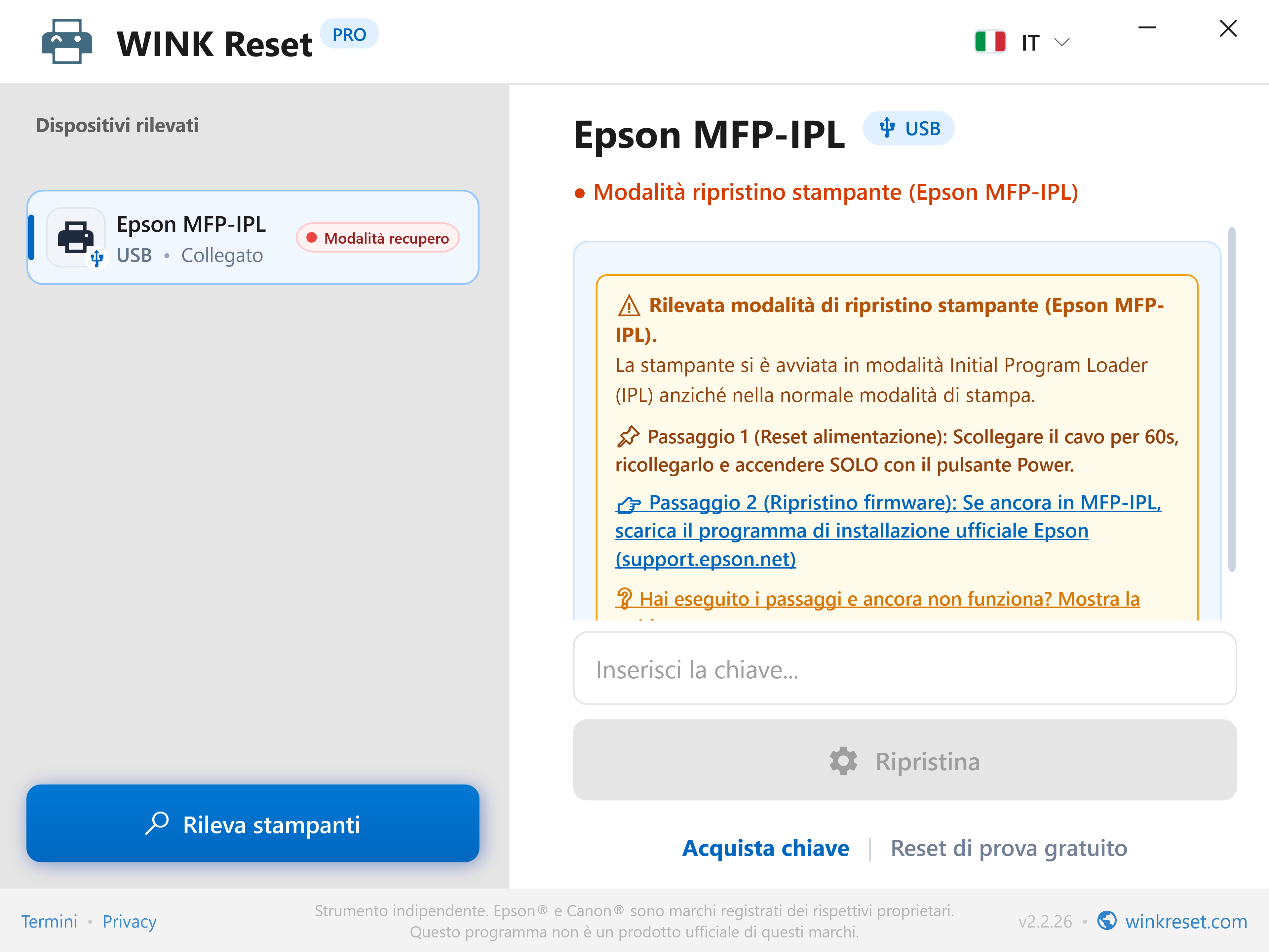 Assistente per la modalità bootloader di emergenza (Epson MFP-IPL) - WINK Reset PRO (IT)