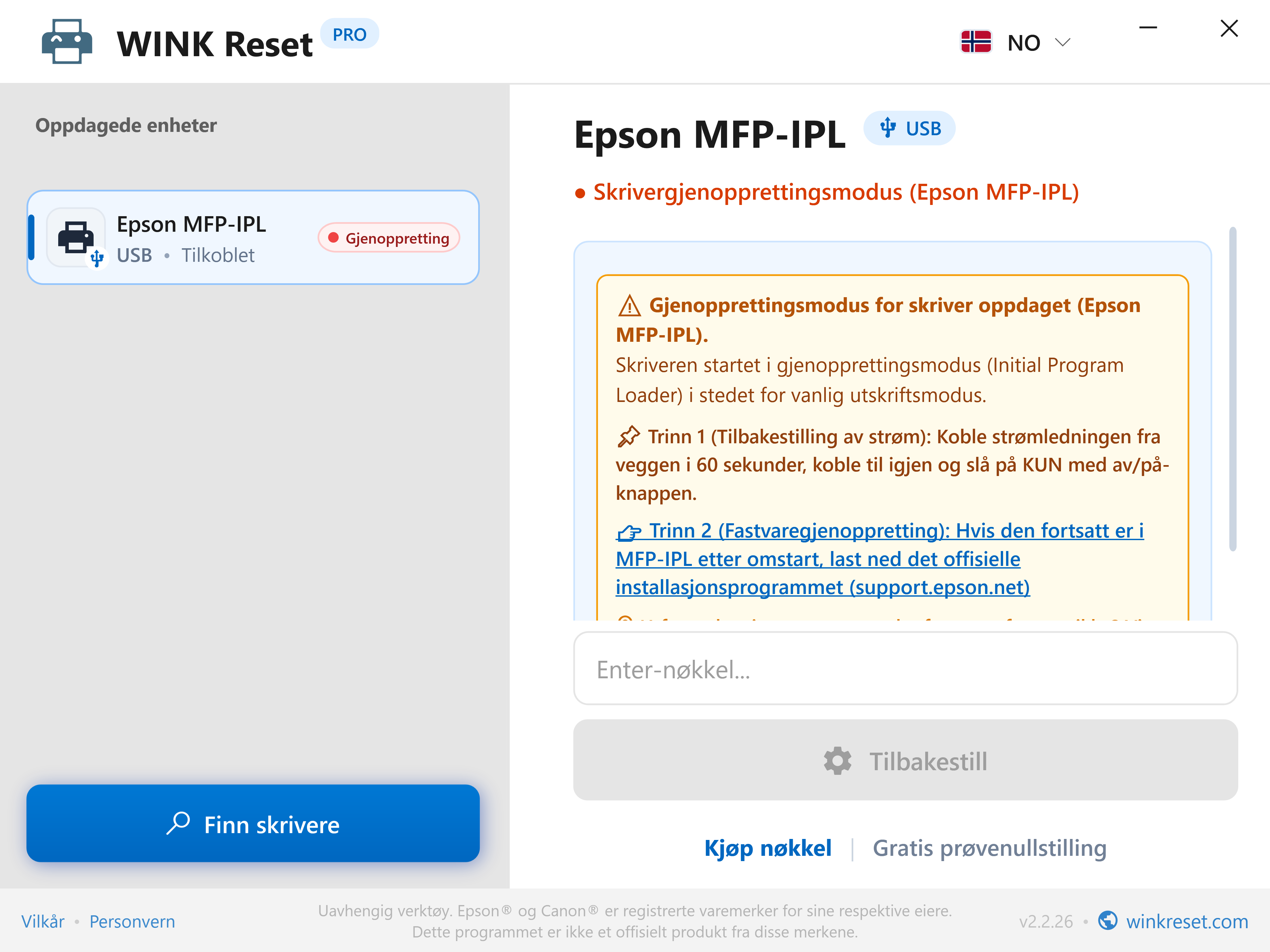 Assistent for nød-bootloader (Epson MFP-IPL) - WINK Reset PRO (NO)