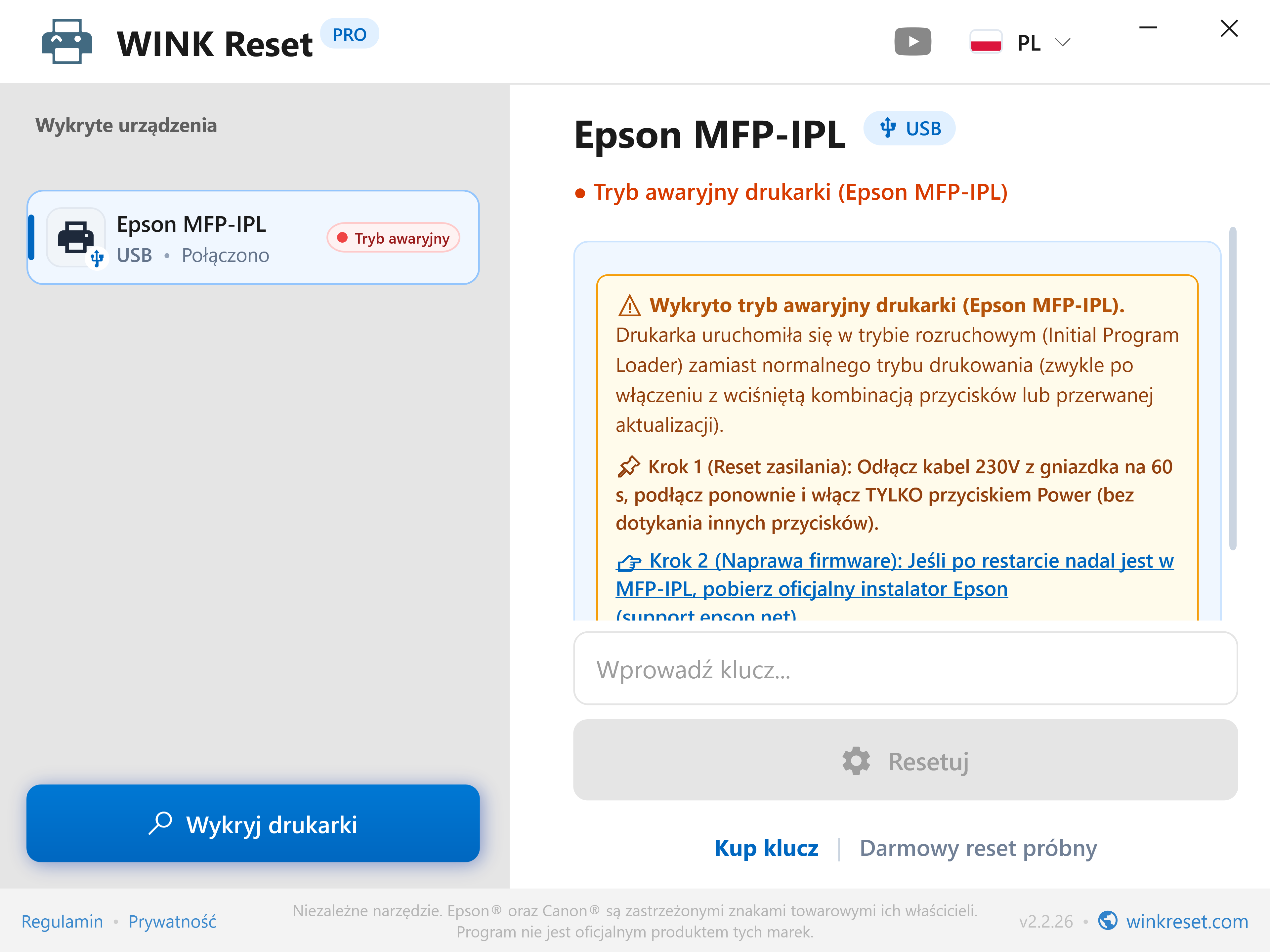 Zgodność z nowym i starym firmware (Asystent MFP-IPL) - WINK Reset PRO (PL)