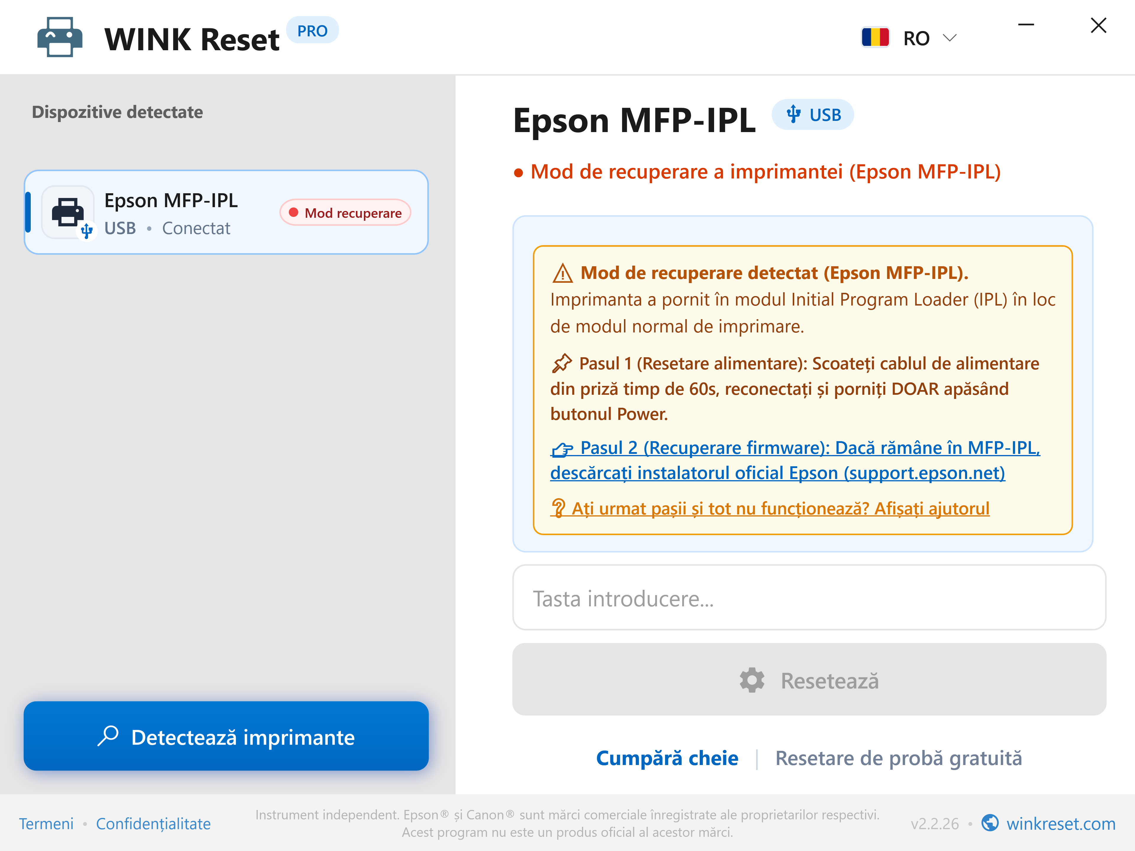 Asistent mod de recuperare bootloader (Epson MFP-IPL) - WINK Reset PRO (RO)
