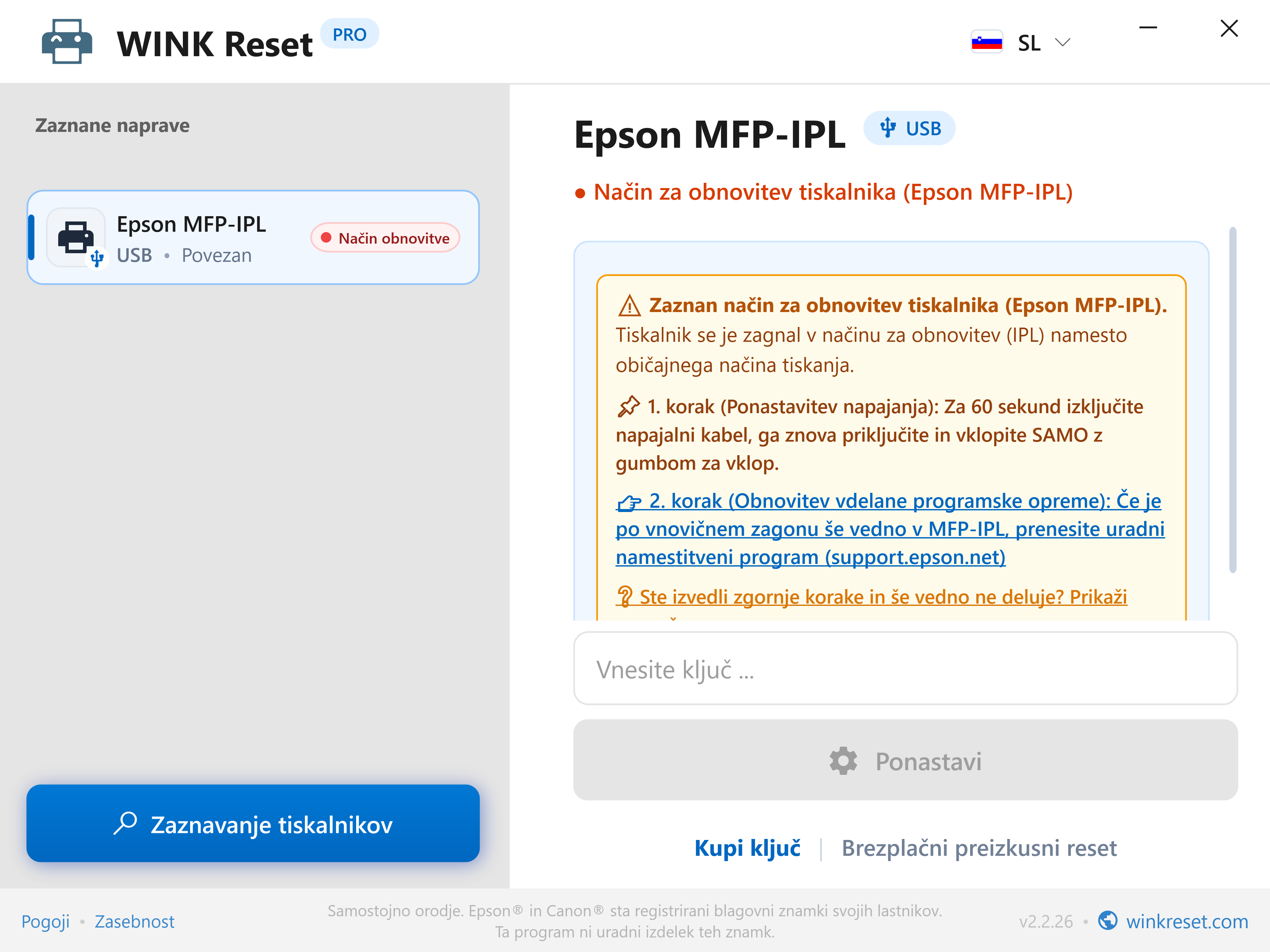 Pomočnik za zasilni način zaganjalnika (Epson MFP-IPL) - WINK Reset PRO (SL)