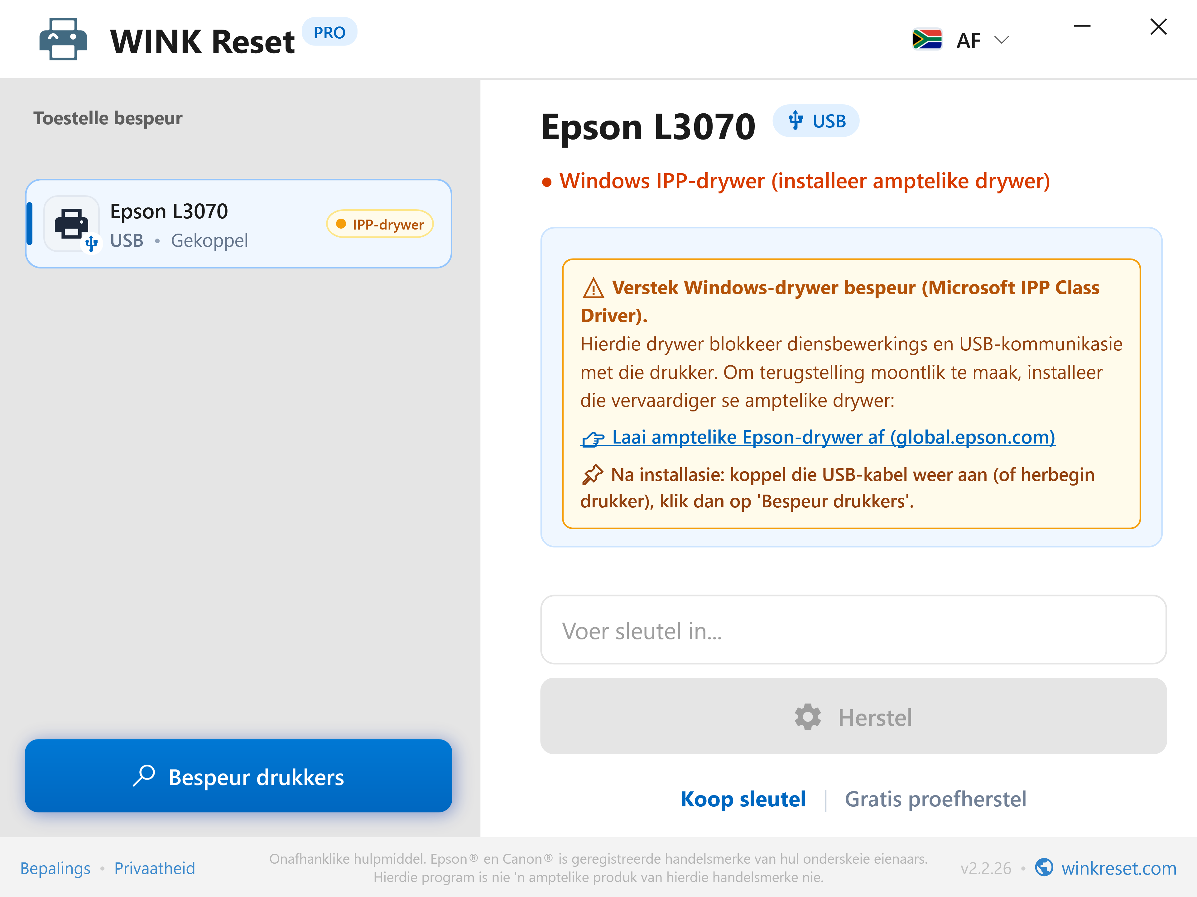 Kommunikasiewaarskuwing: Microsoft IPP Class Driver-blokkering - WINK Reset PRO (AF)