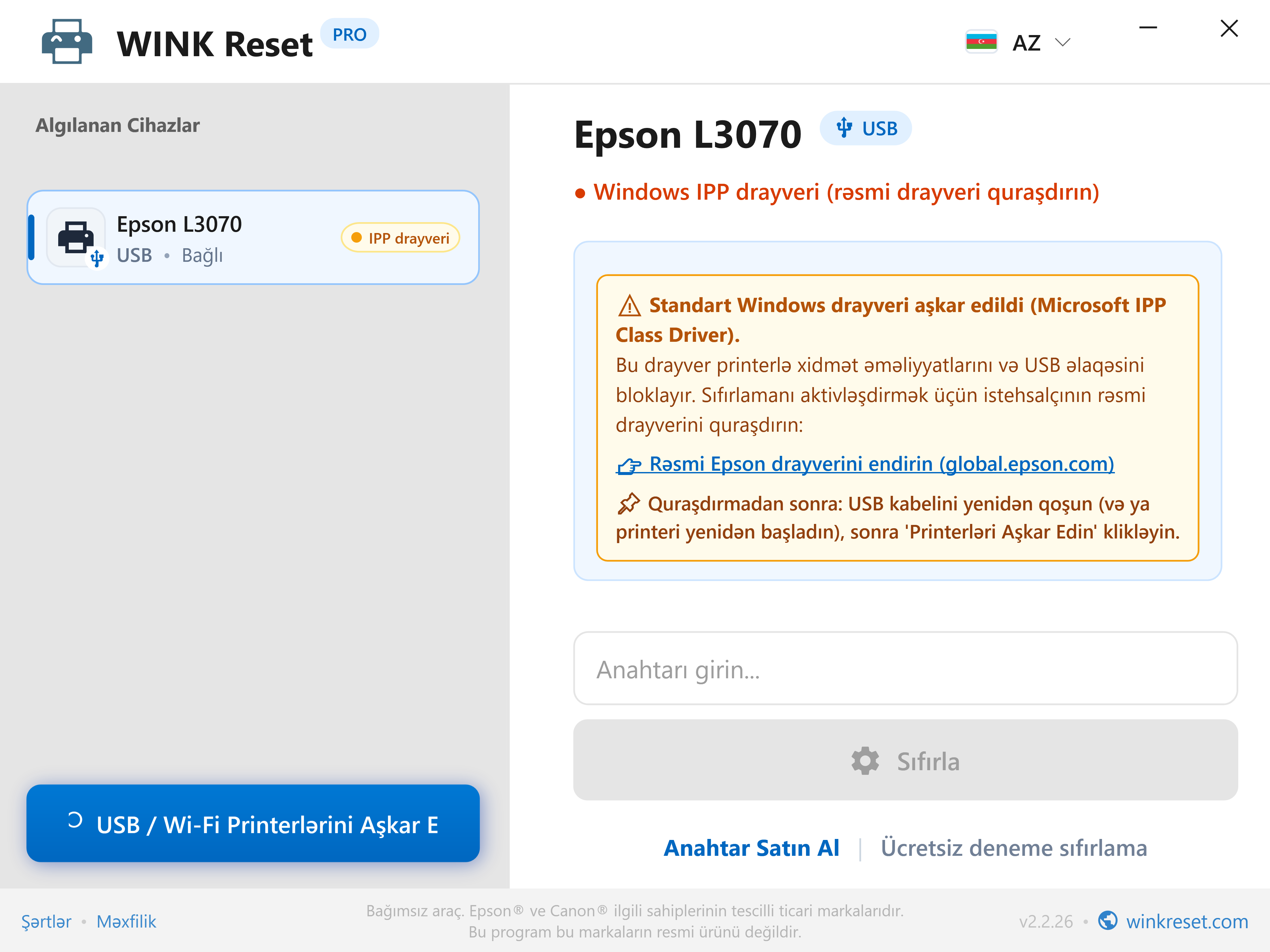 Rabitə xəbərdarlığı: Microsoft IPP Class Driver maneəsi - WINK Reset PRO (AZ)