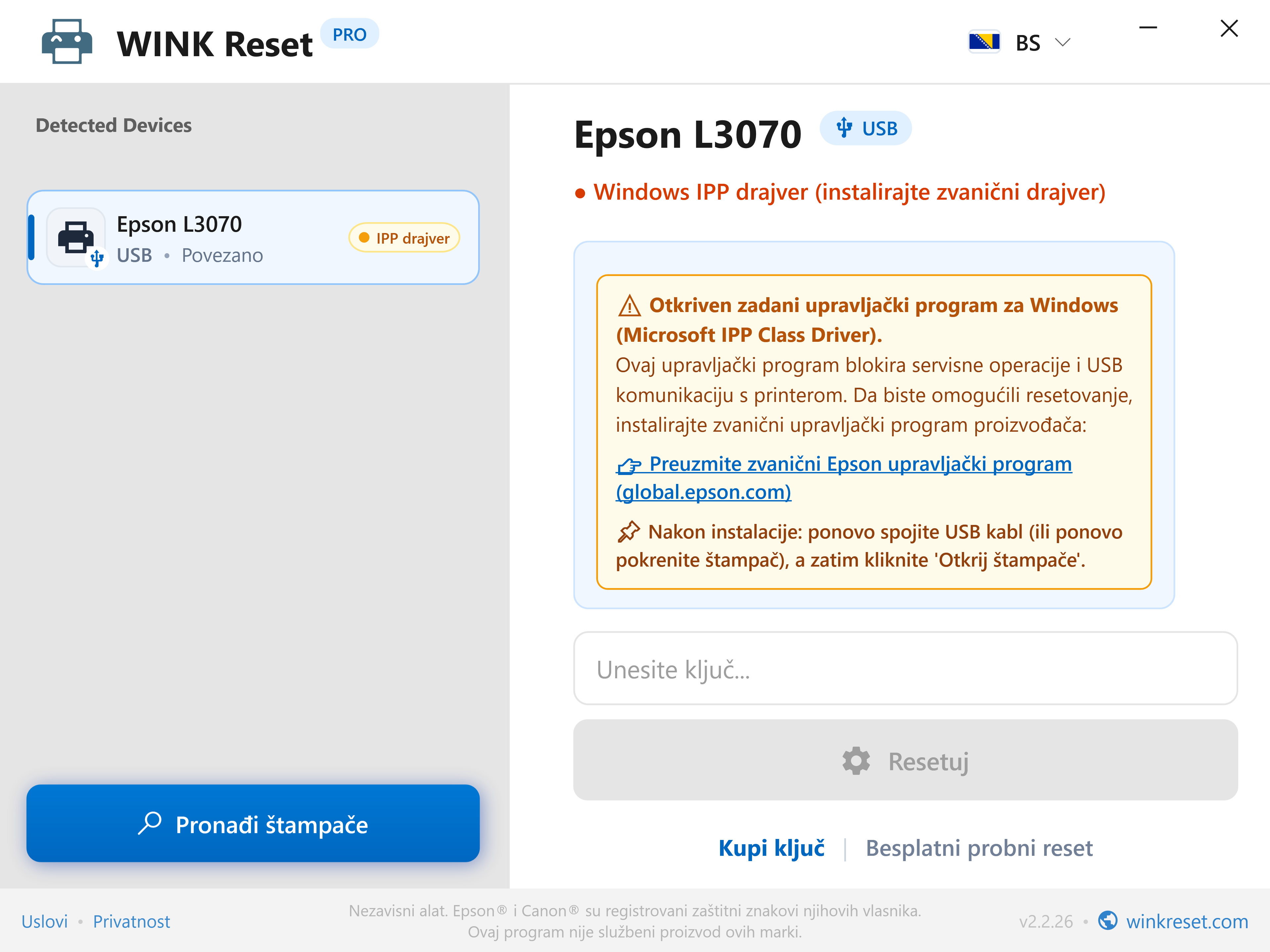 Upozorenje na blokadu komunikacije: Microsoft IPP Class Driver - WINK Reset PRO (BS)