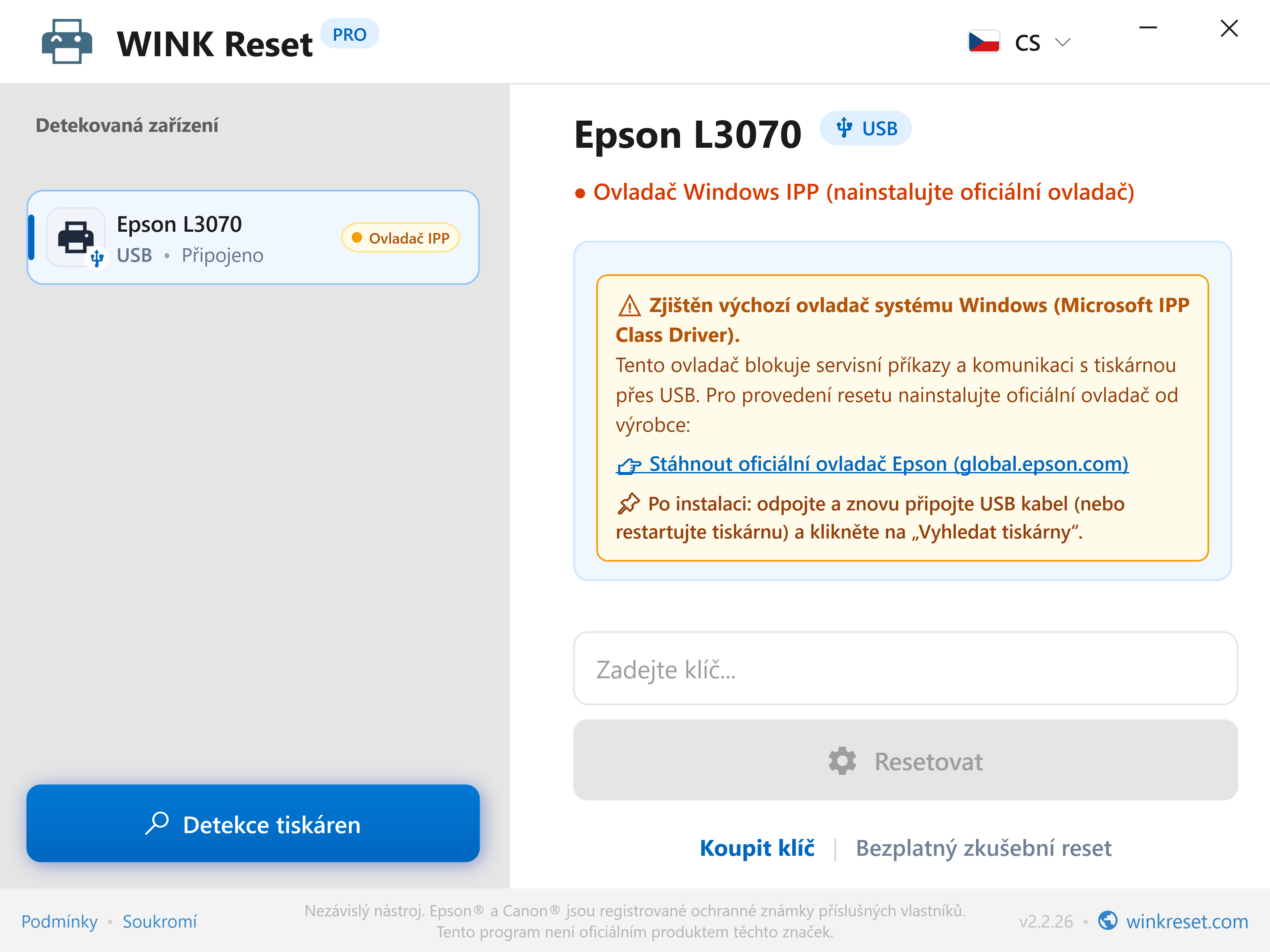 Detekce blokace ovladačem Microsoft IPP Class Driver - WINK Reset PRO (CS)