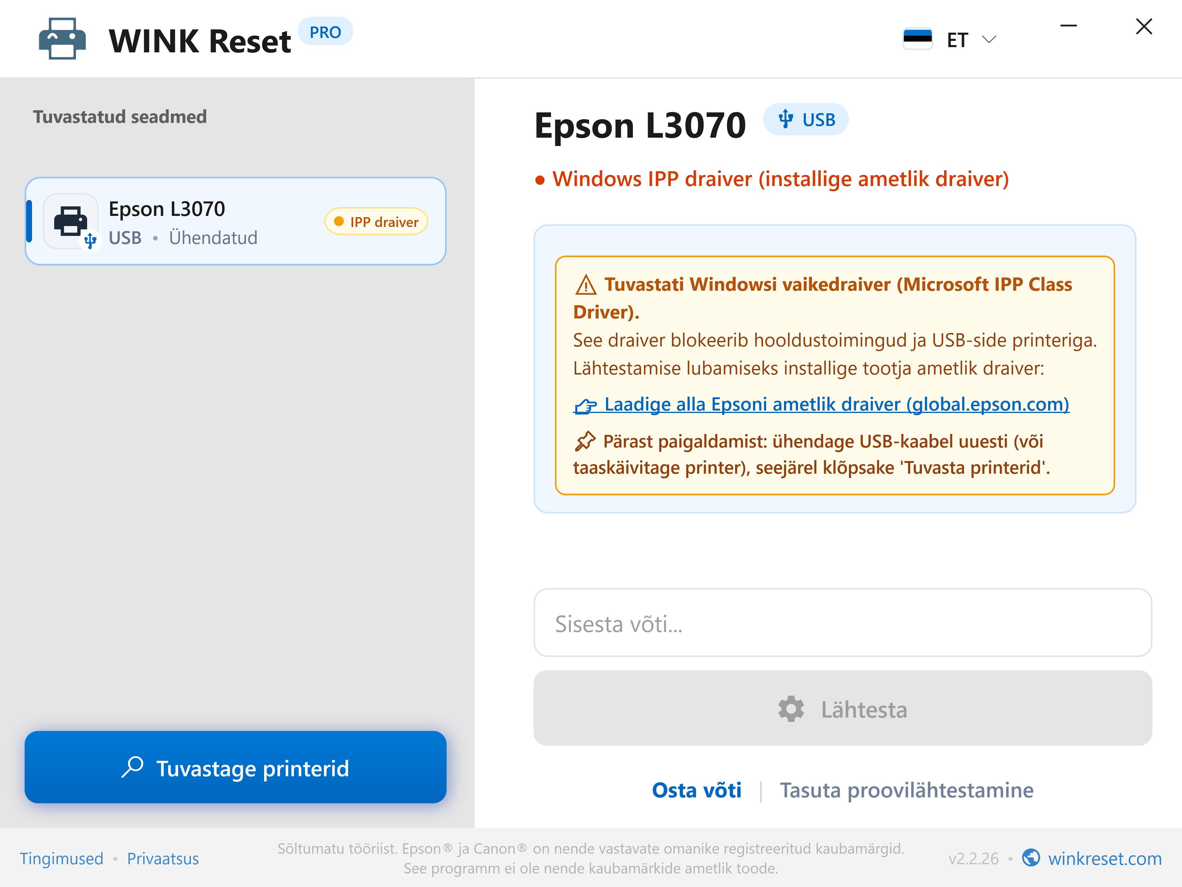 Sidehoiatuse teade: Microsoft IPP Class Driver - WINK Reset PRO (ET)